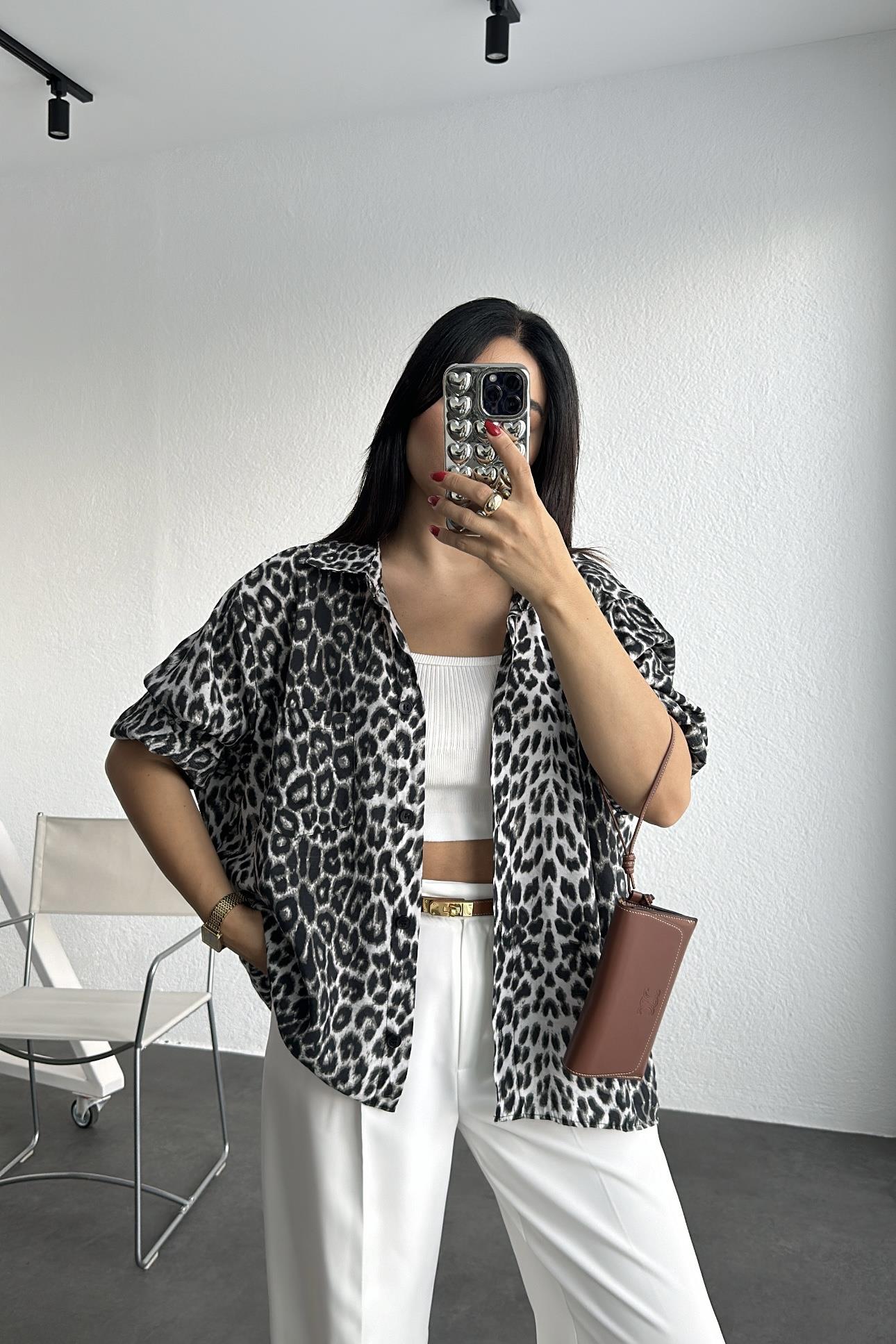 Leopar Desen Tensel Oversize Gömlek