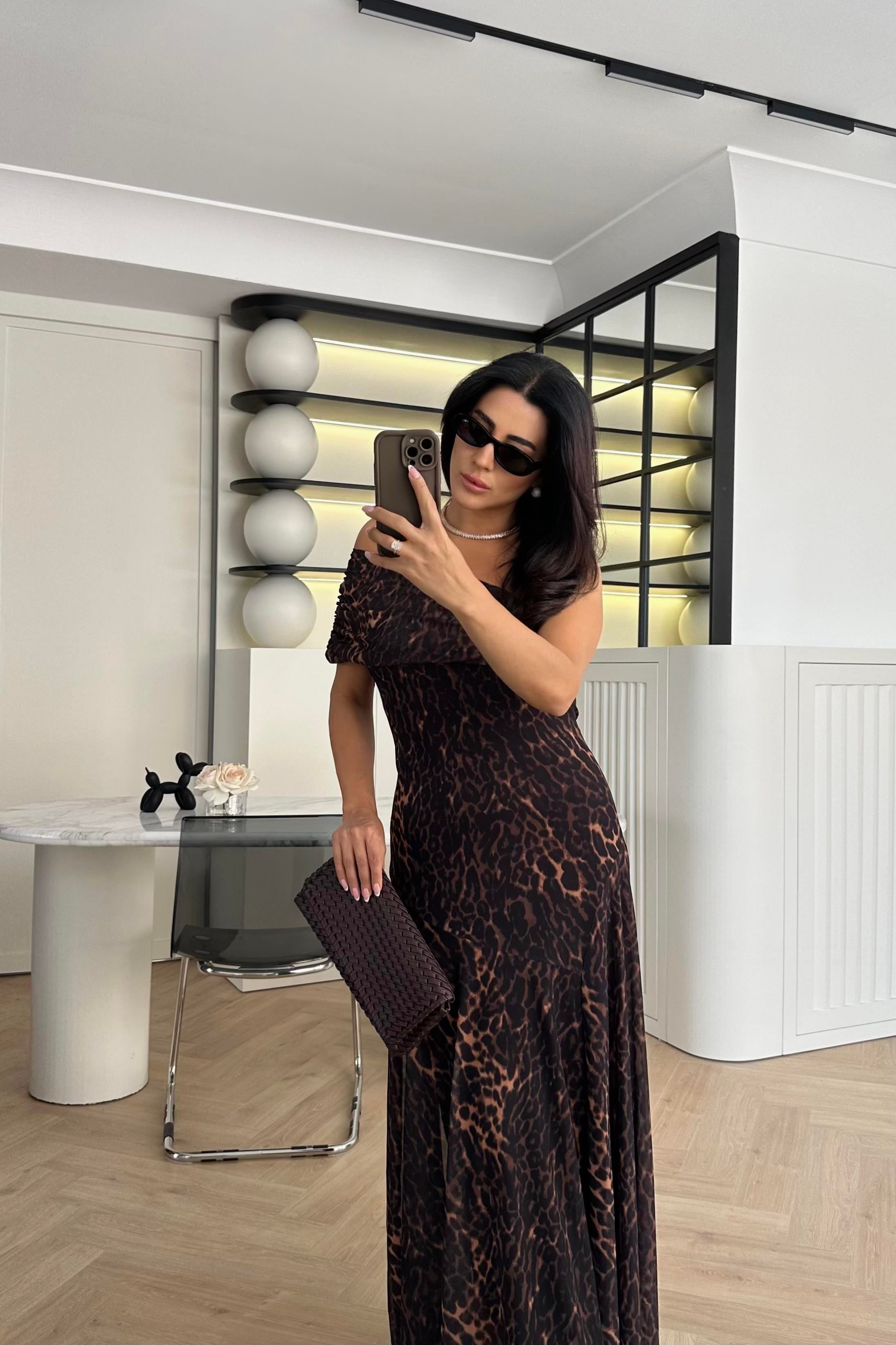 Leopar Desen Tül Tek Omuz Elbise