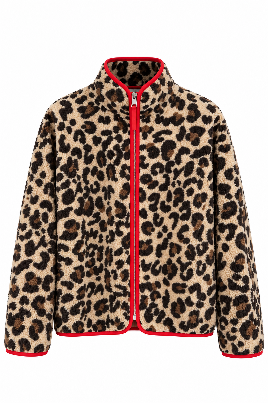 Leopar Desenli Kırmızı Biyeli Polar Ceket 