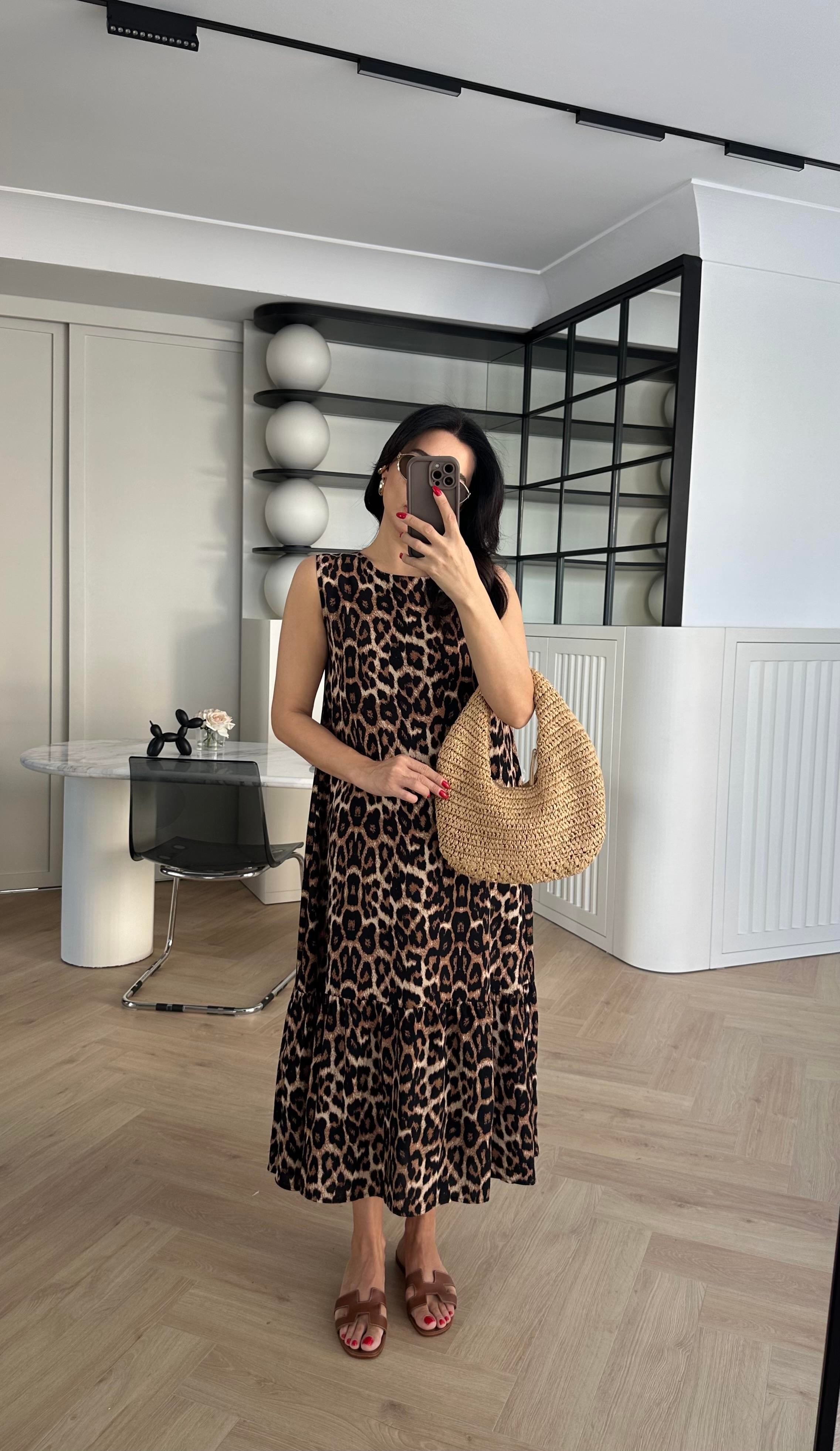 Leopar Desenli Viskon Kolsuz Elbise