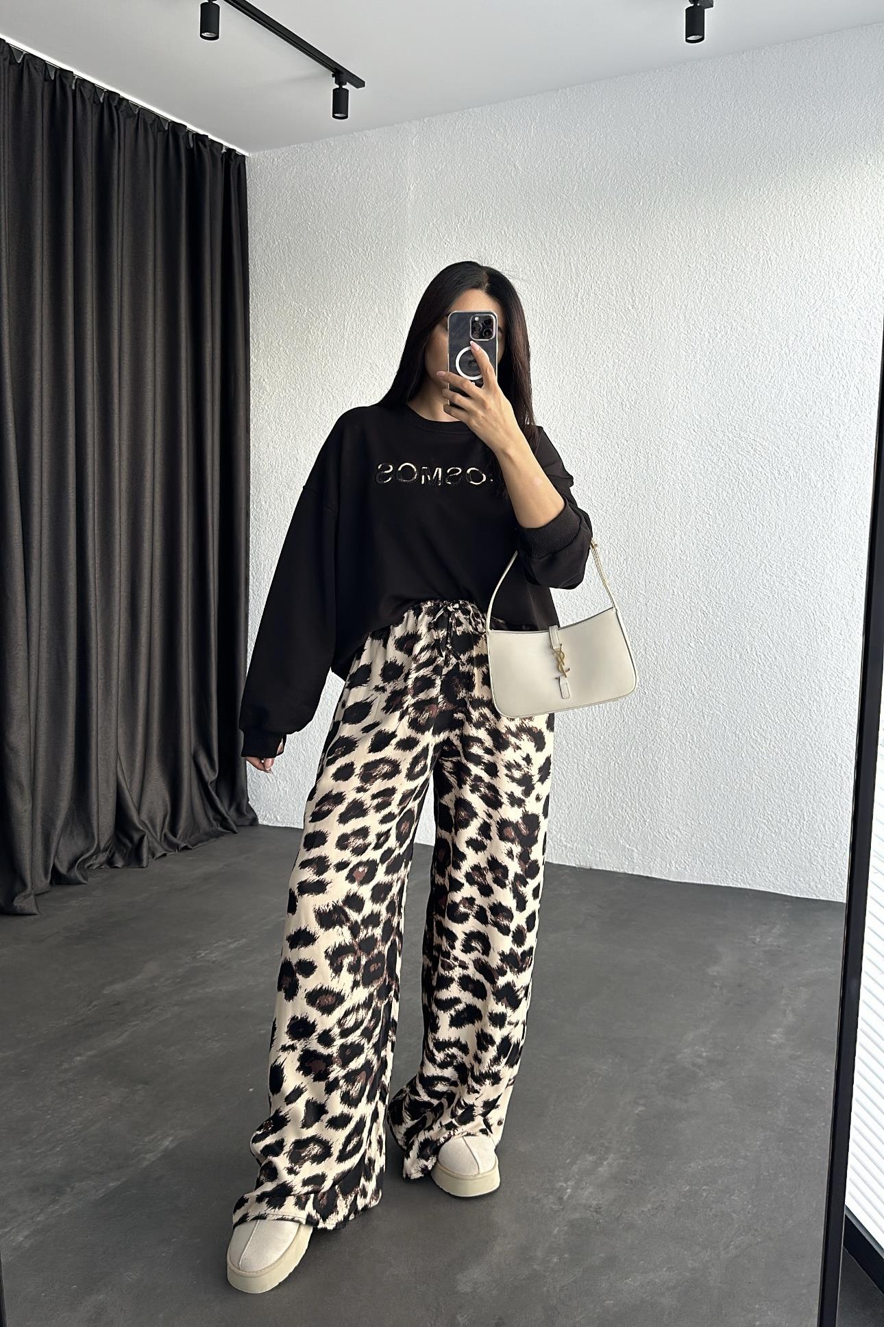 Leopar Pantolon Sweatshirt Eşofman Takımı 
