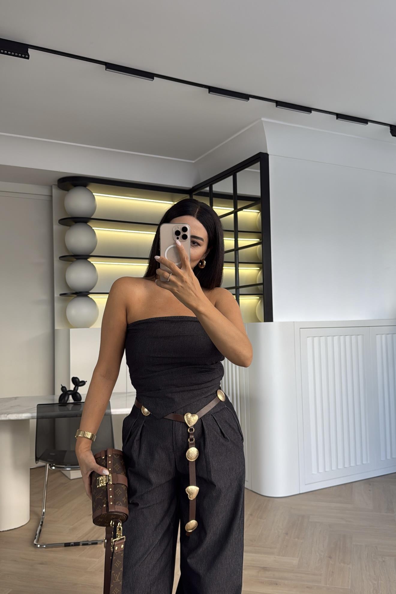 LİKRALI DENİM KUMAŞ BÜSTİYER PANTOLON TAKIM