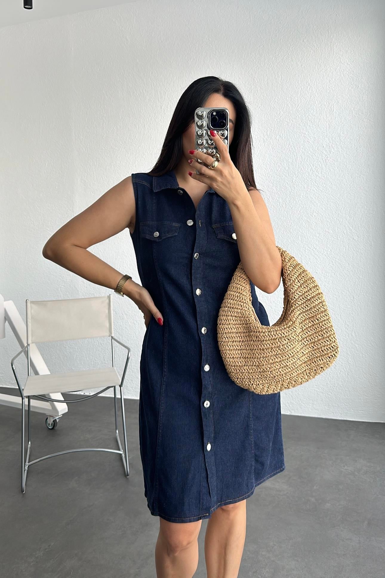 Likralı Denim Kumaş Kolsuz Elbise