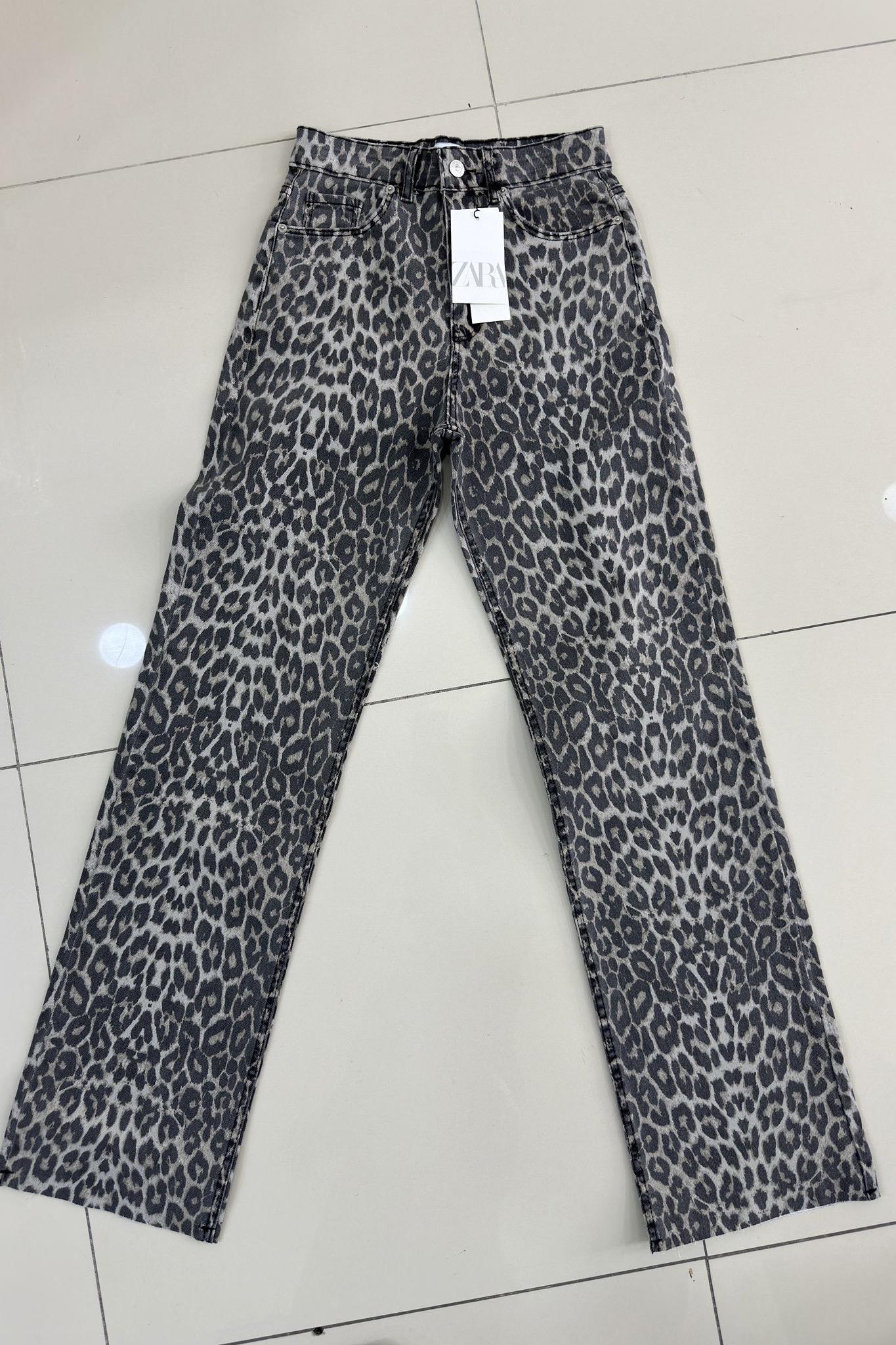 Likralı Soluk Efekt Kesik Paça Leopar Desen Palazzo Jean Pantolon 