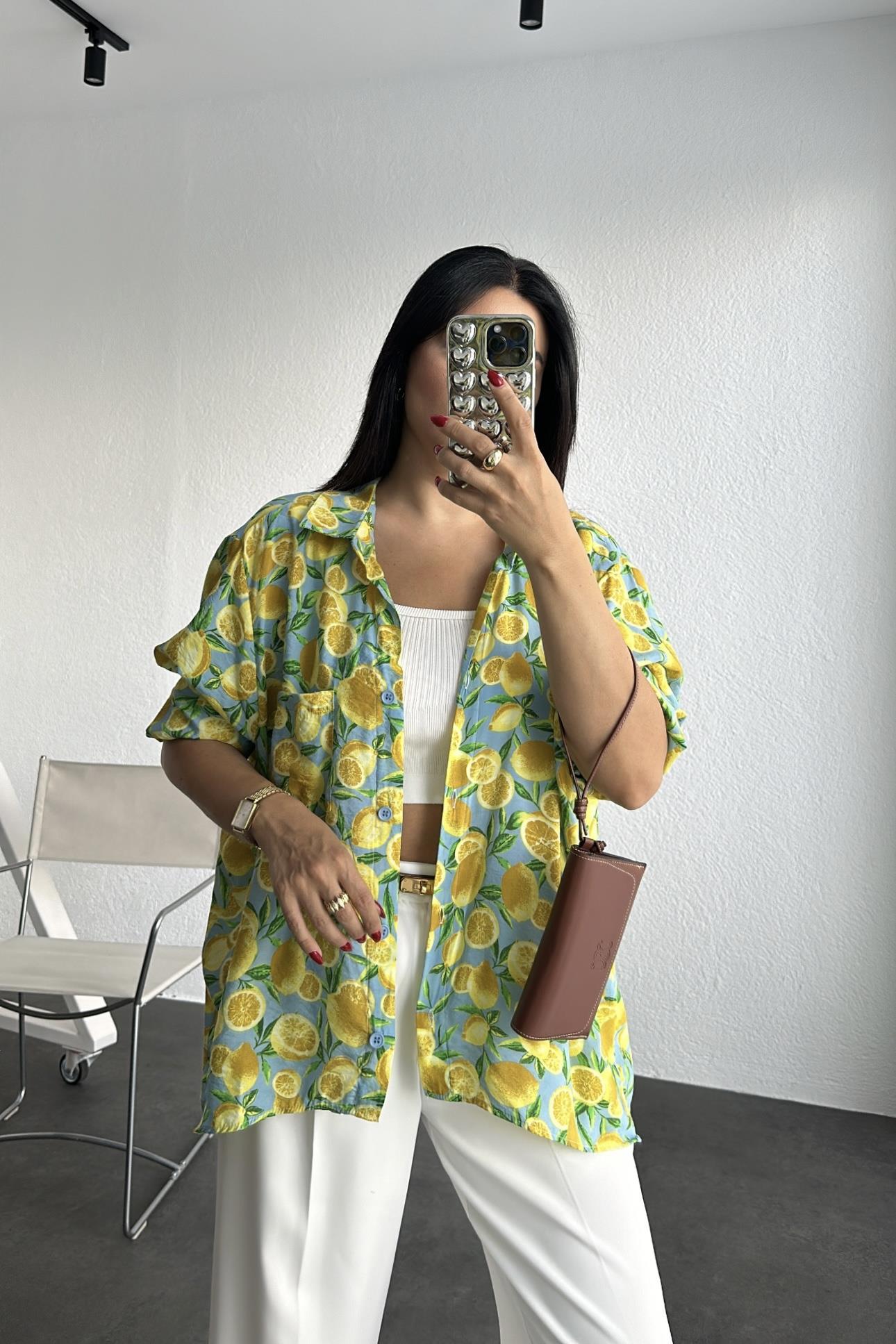 Limon Desen Tensel Oversize Gömlek