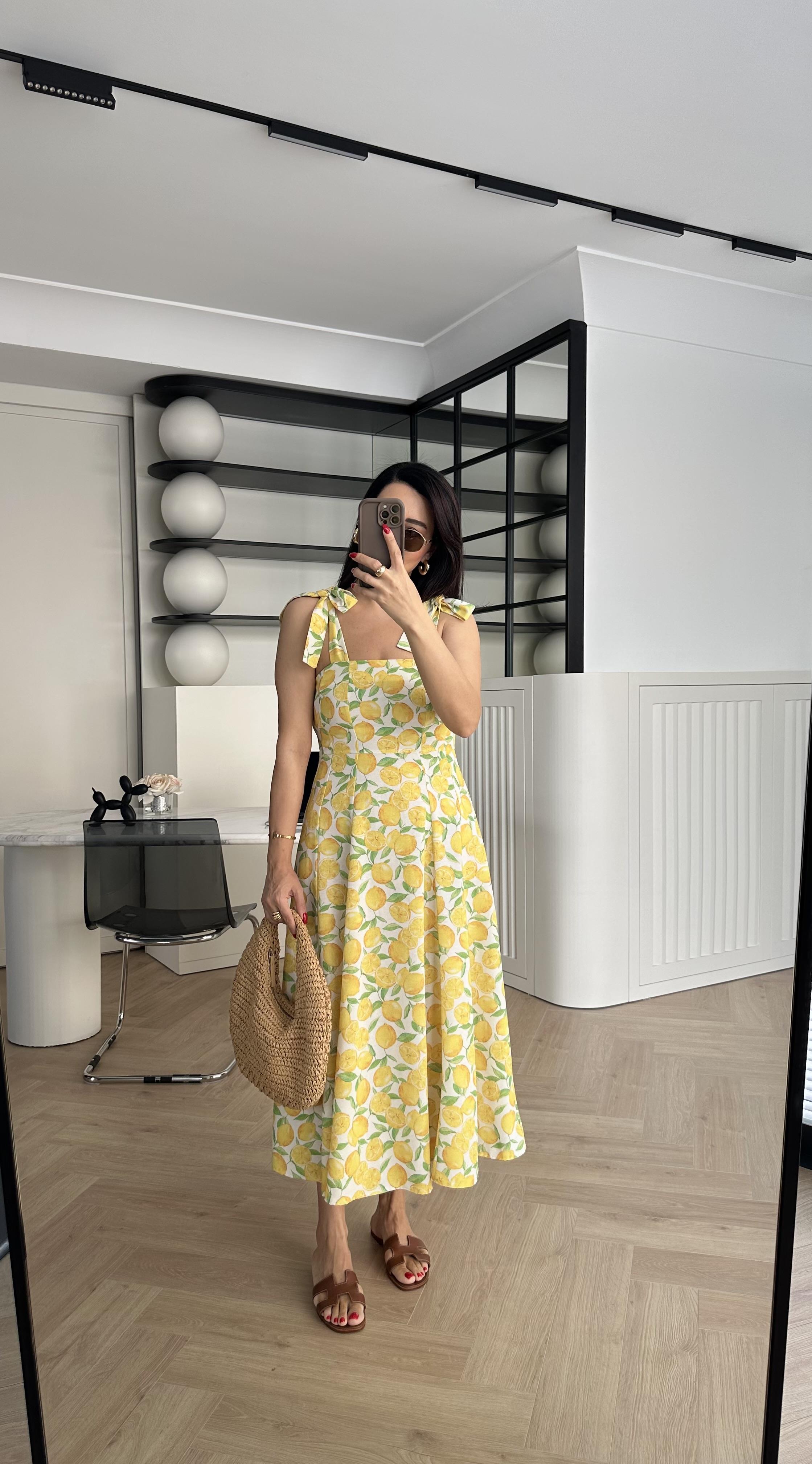 Limon Desenli Keten Elbise 