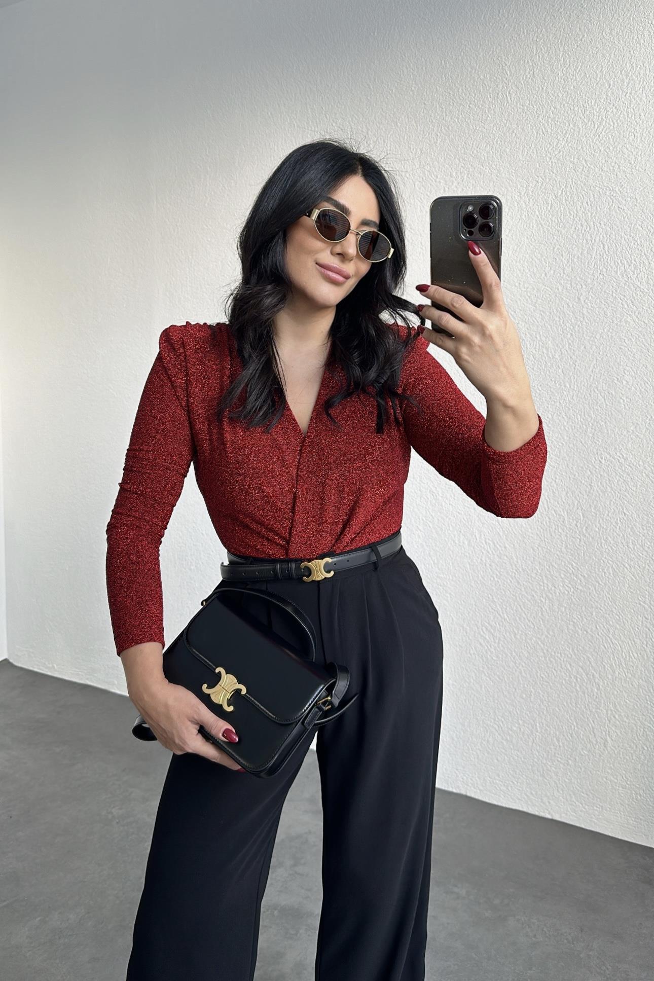 Lüx Kalite Işıltılı Vatkalı BodySuit Kırmızı