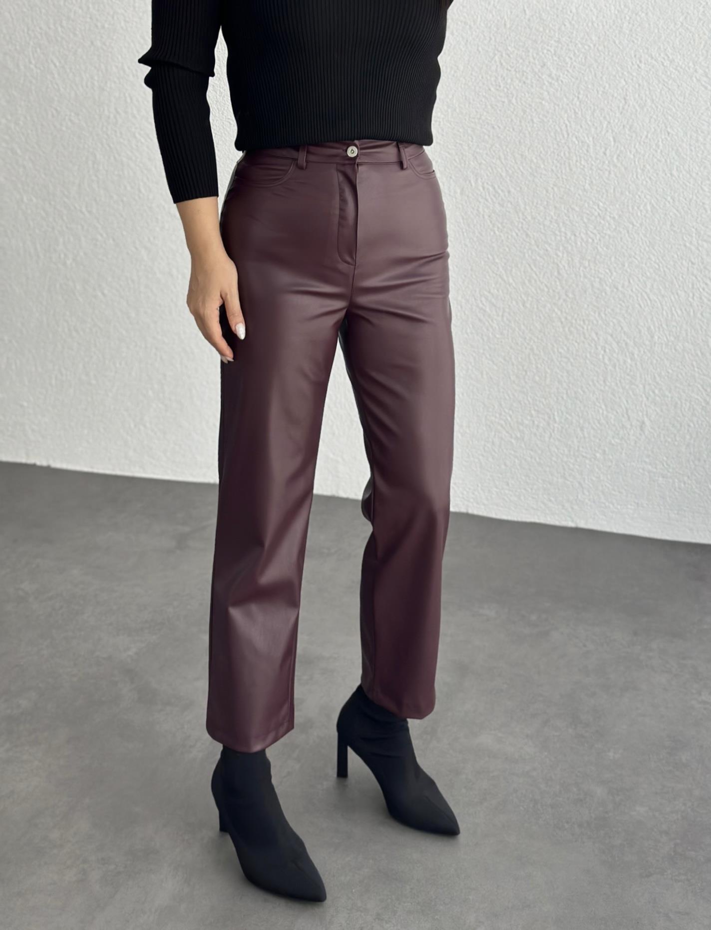 Marka Model Yüksek Bel Deri Pantolon Bordo