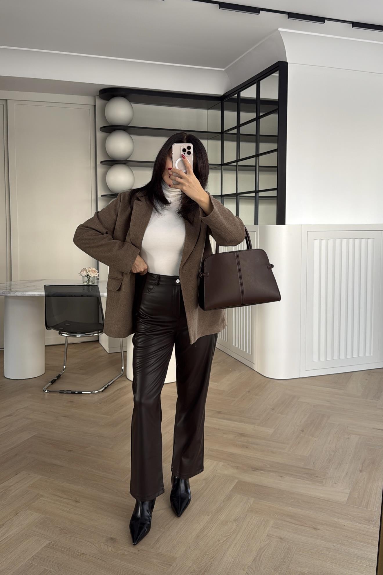 MARKA MODEL YÜKSEK BEL KAHVERENGİ DERİ PANTOLON