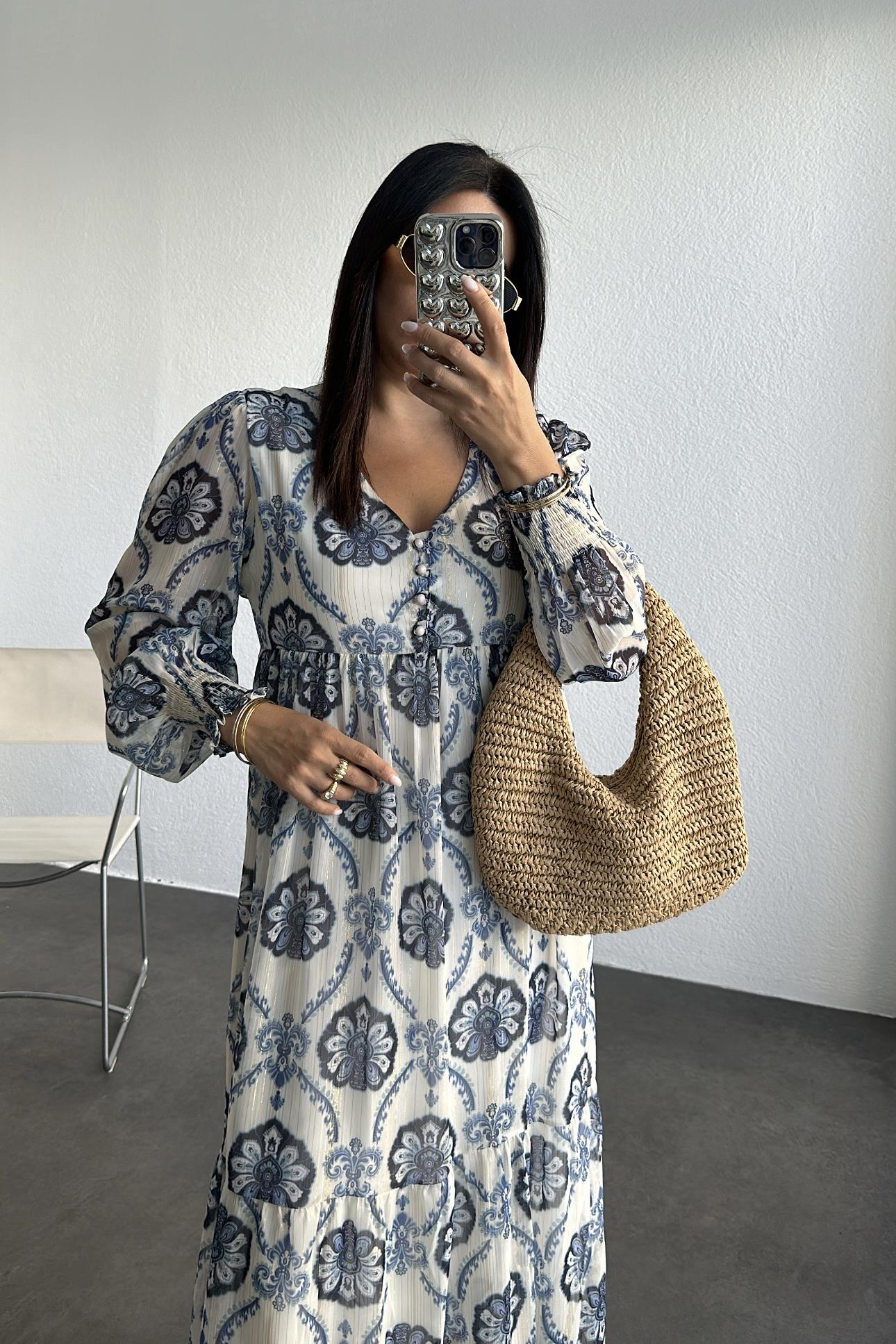 Mavi Çiçekli Şifon Maksi Boy Elbise