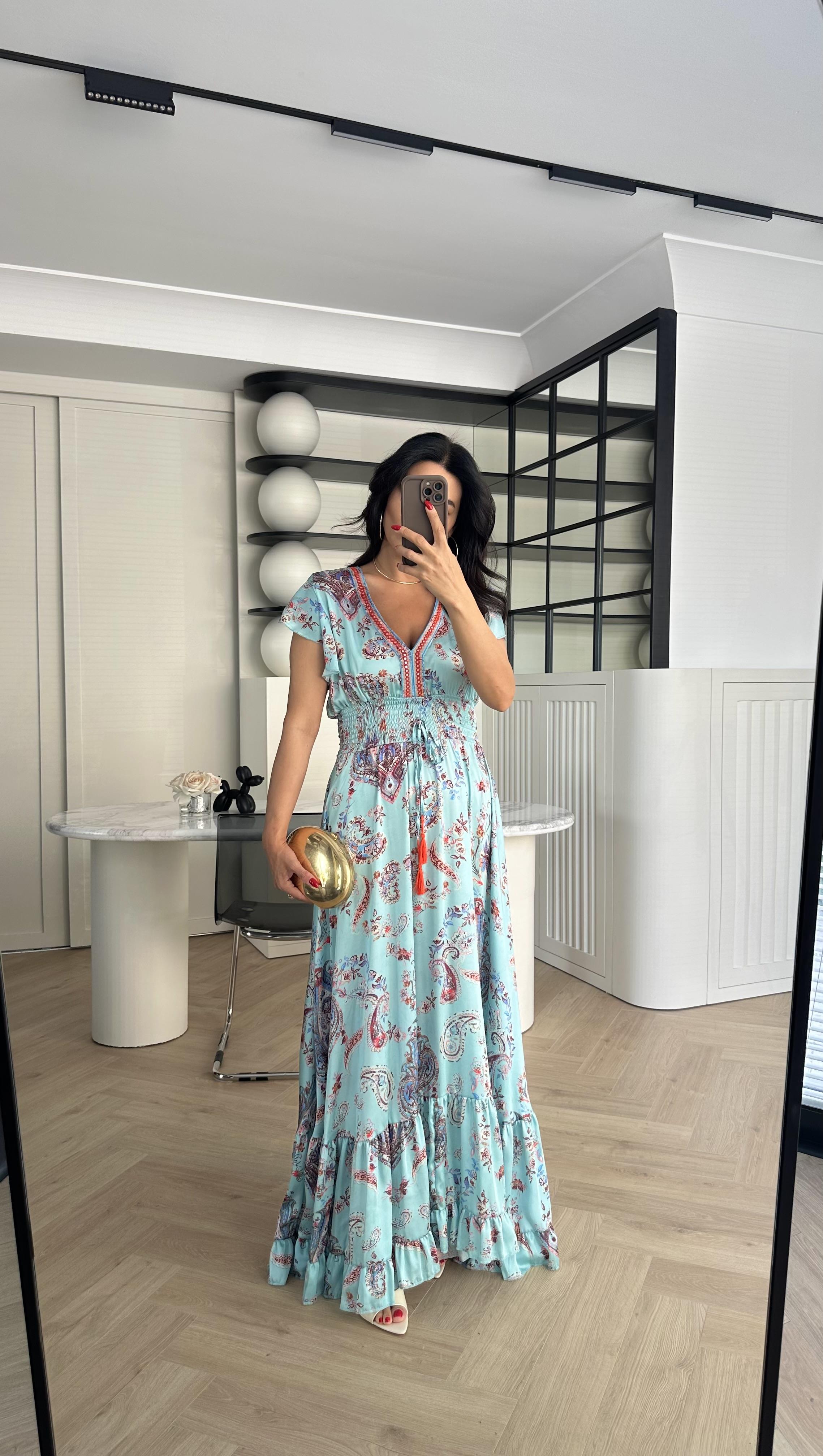 Mavi Desenli Maxi Elbise 