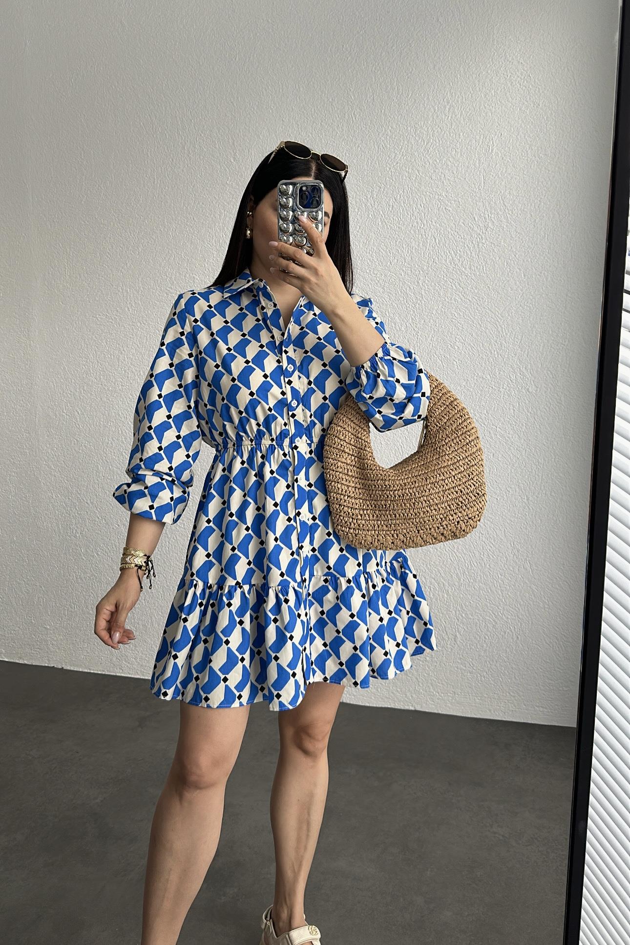 Mavi Desenli Poplin Kumaş Beli Lastikli Elbise
