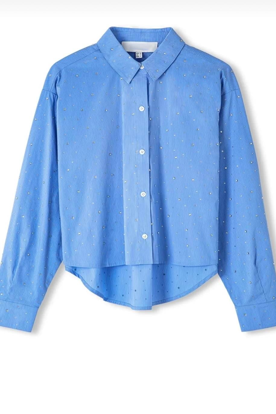 Mavi Poplin Kumaş Taş Detaylı Tasarım Kısa Gömlek
