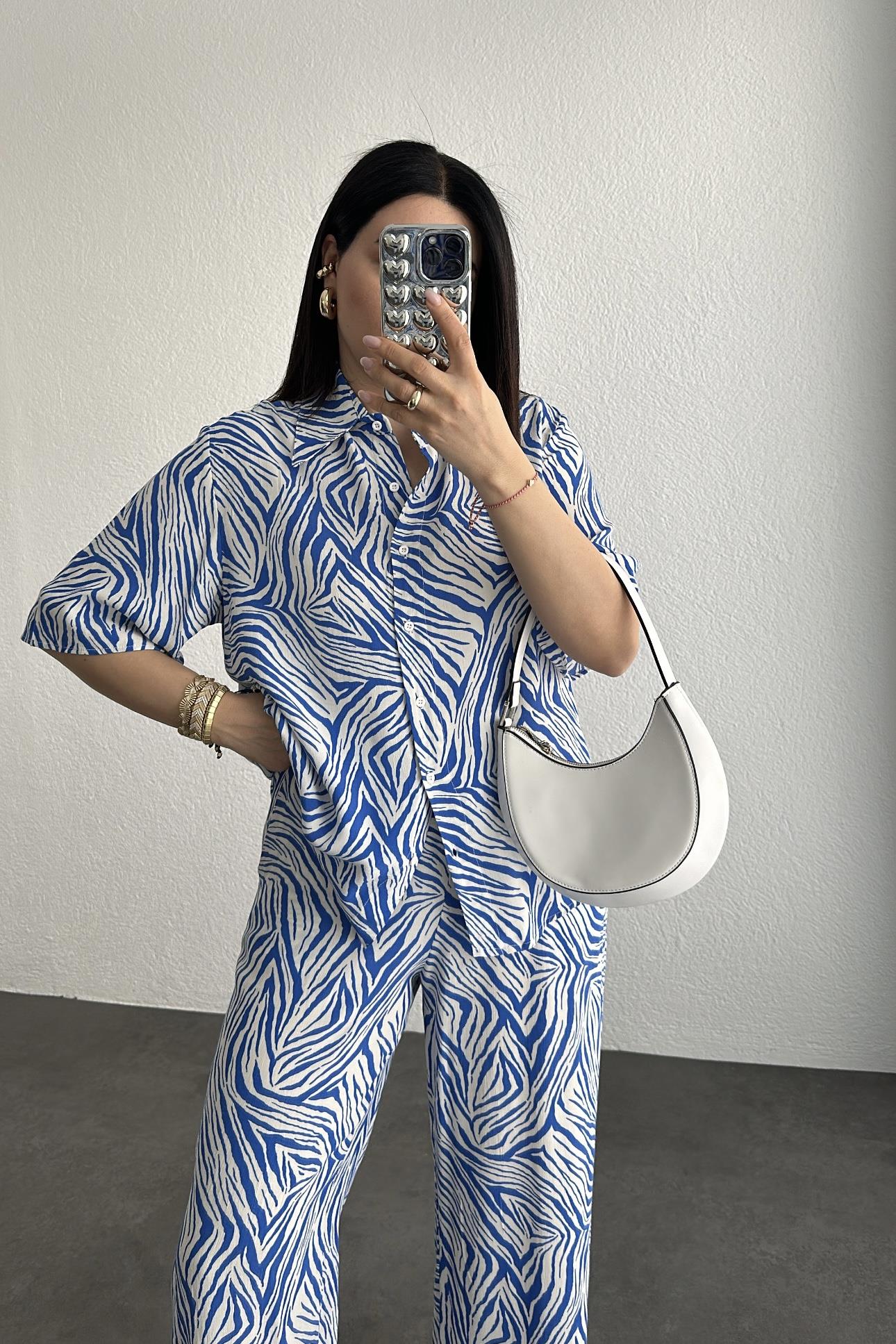 Mavi Renk Zebra Desen İkili Takım