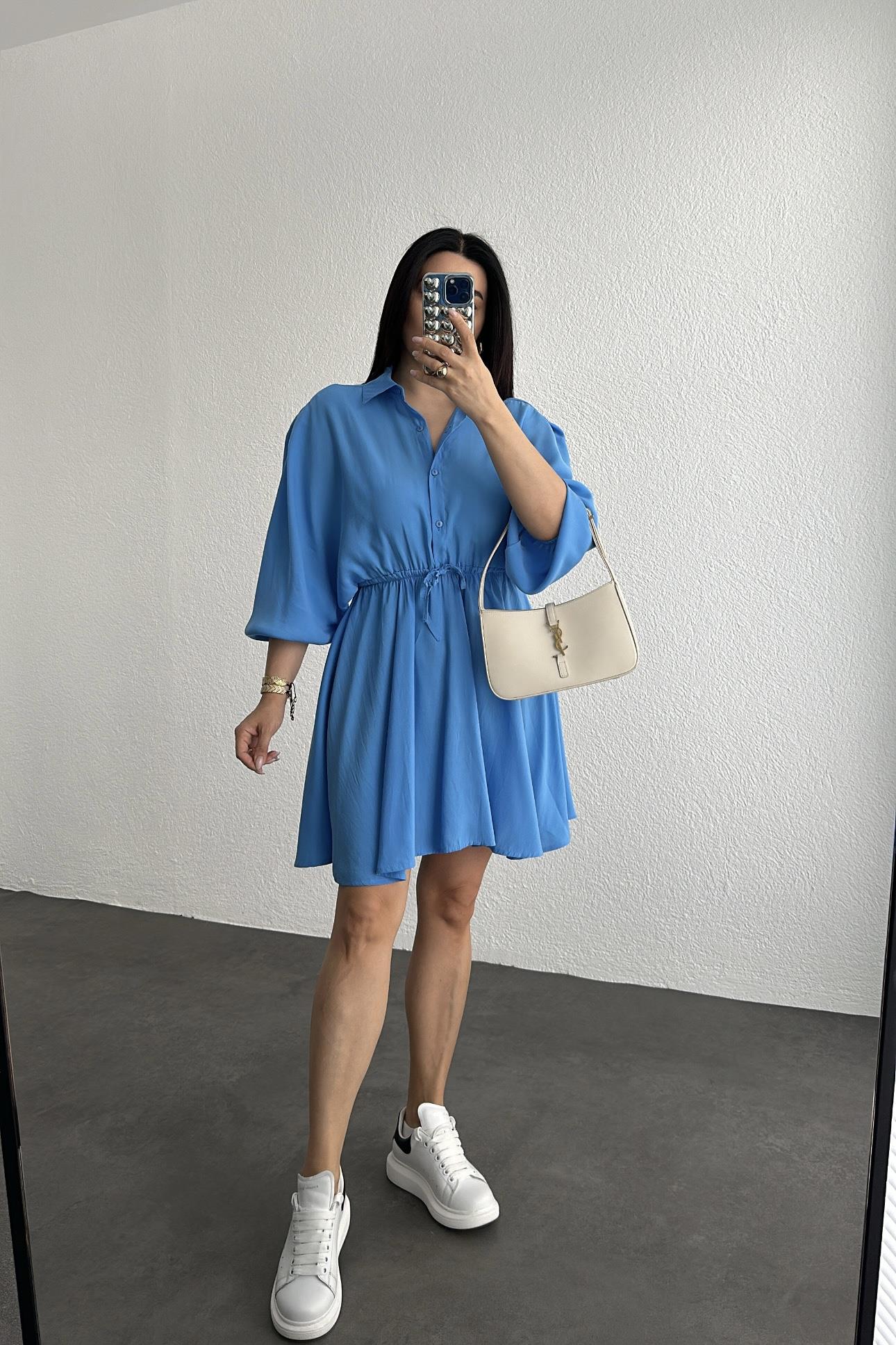 Mavi Tensel Kumaş Beli Lastikli İhracat Elbise