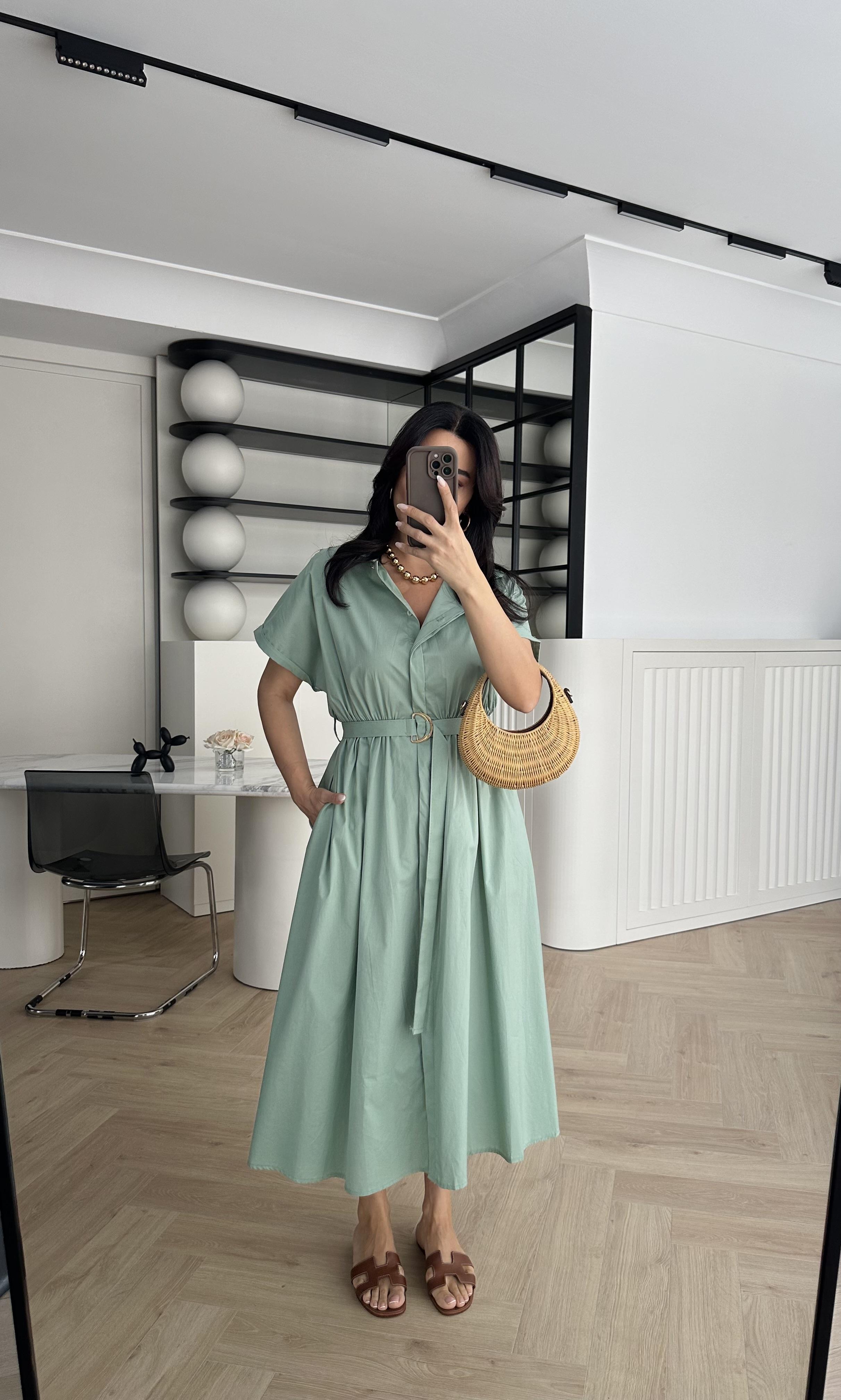 Mint Cep Detaylı Kemerli Gömlek Elbise