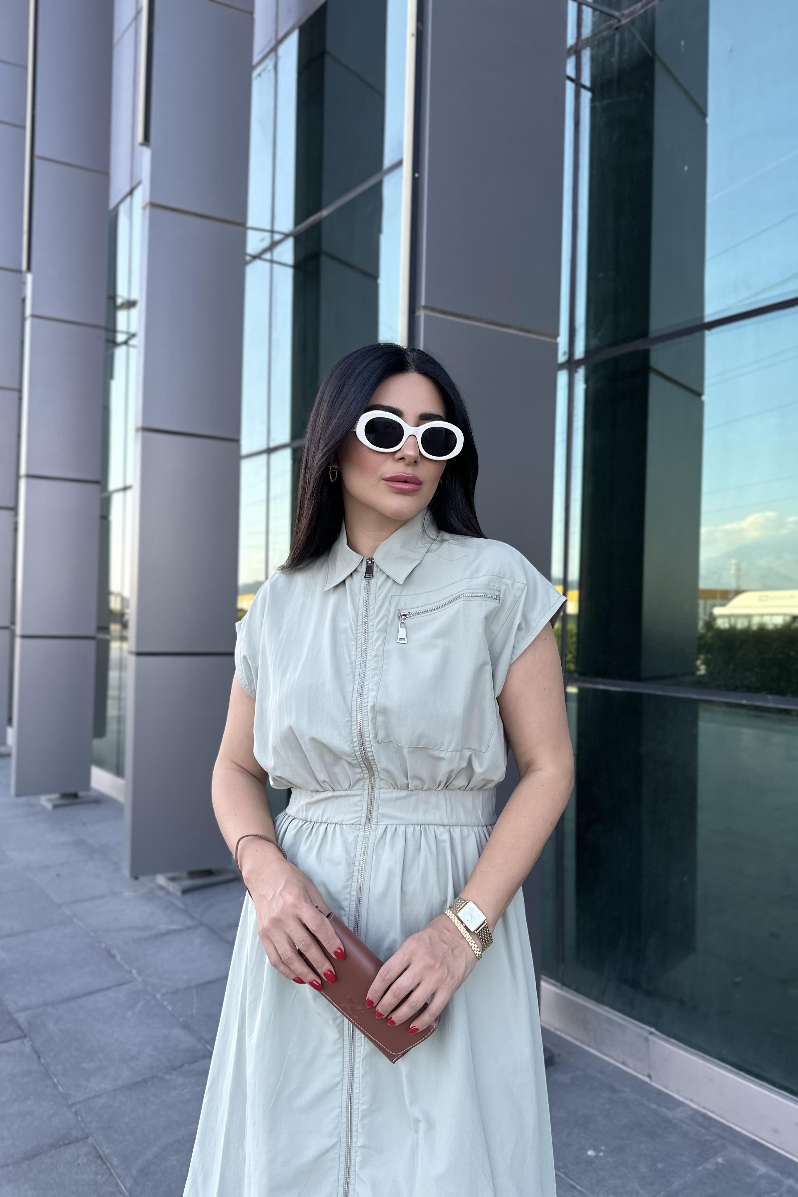 Mint Fermuarlı Beli Lastikli Elbise