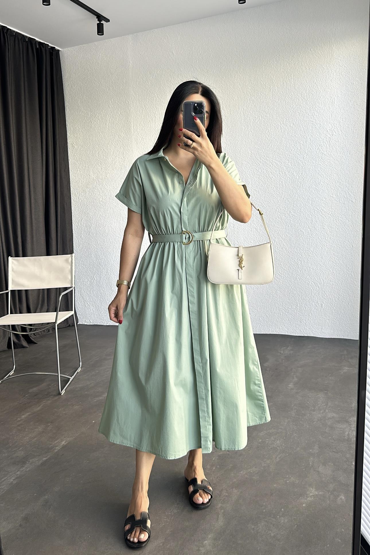 Mint Kemerli Cep Detaylı Gömlek Elbise