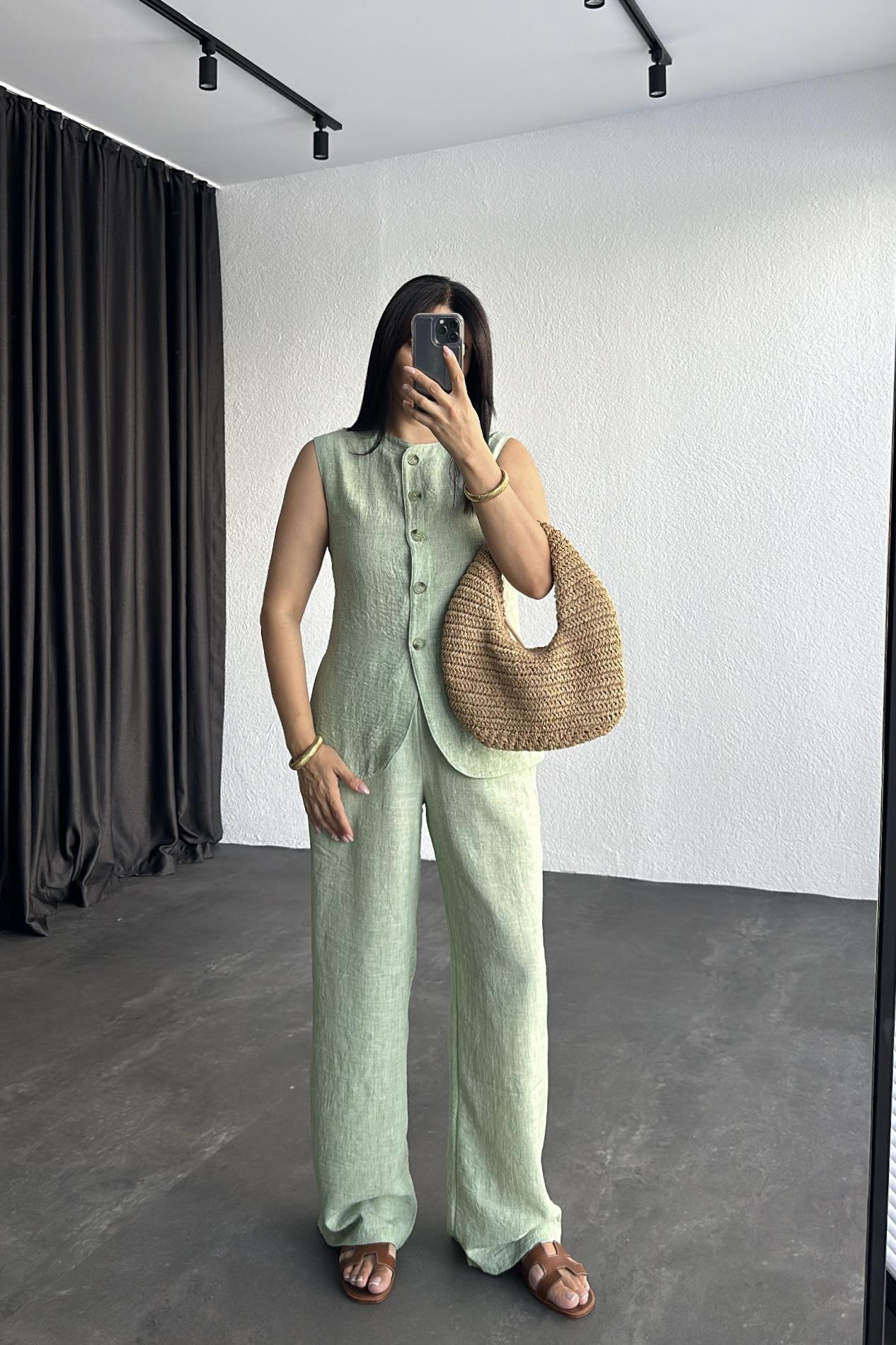 Mint Keten Önden Düğmeli Yelek Pantolon Takım