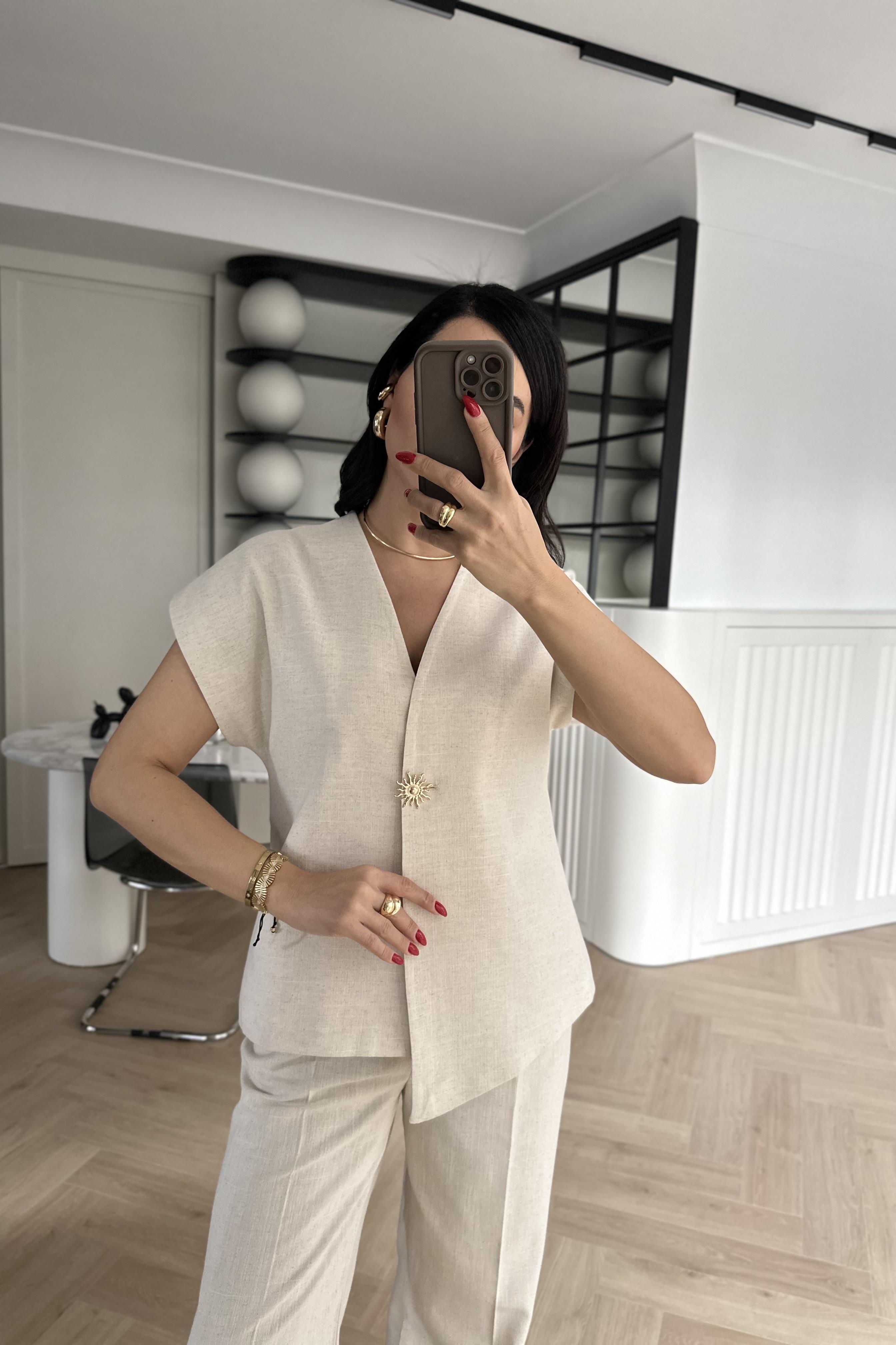 Naturel Renk Güneş Düğmeli Keten Yelek Pantolon Takım