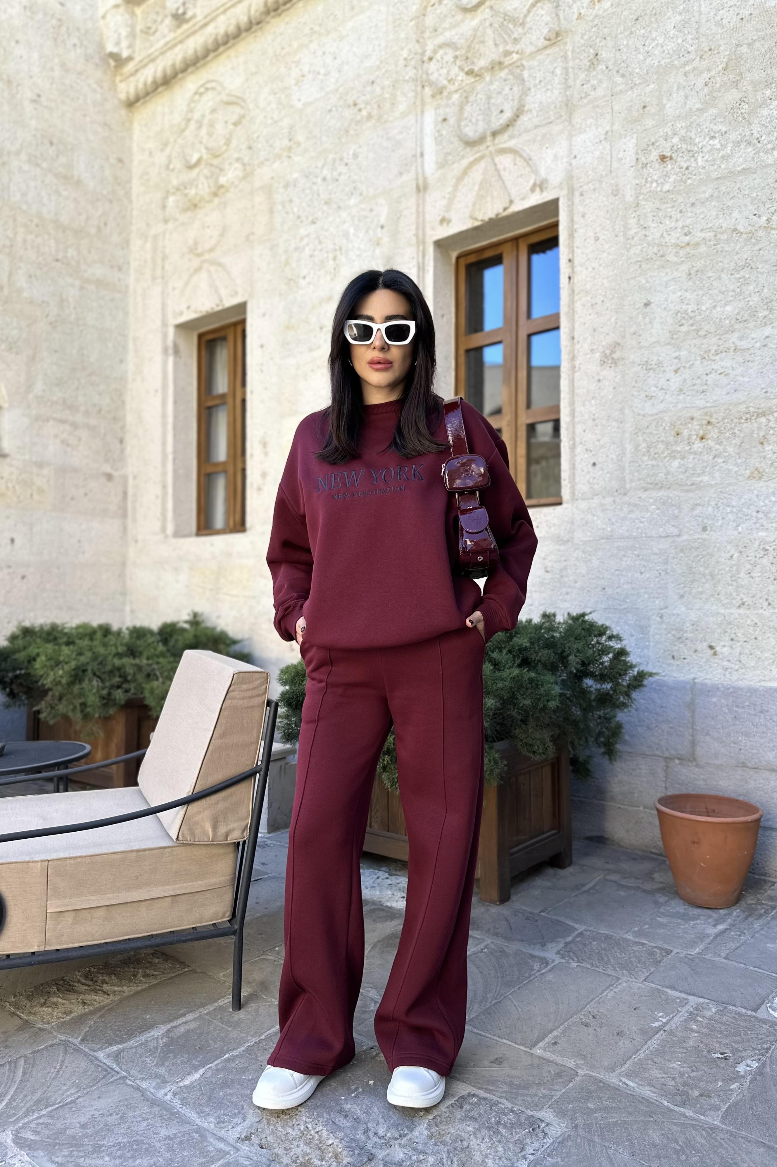 New York Sloganlı Şardonlu Bordo Eşofman Takımı