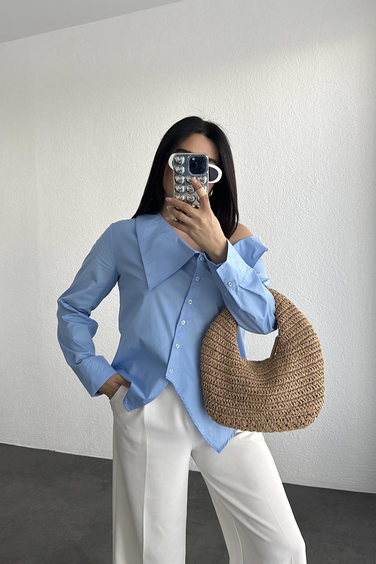 Omuz Dekolteli Poplin Gömlek Mavi