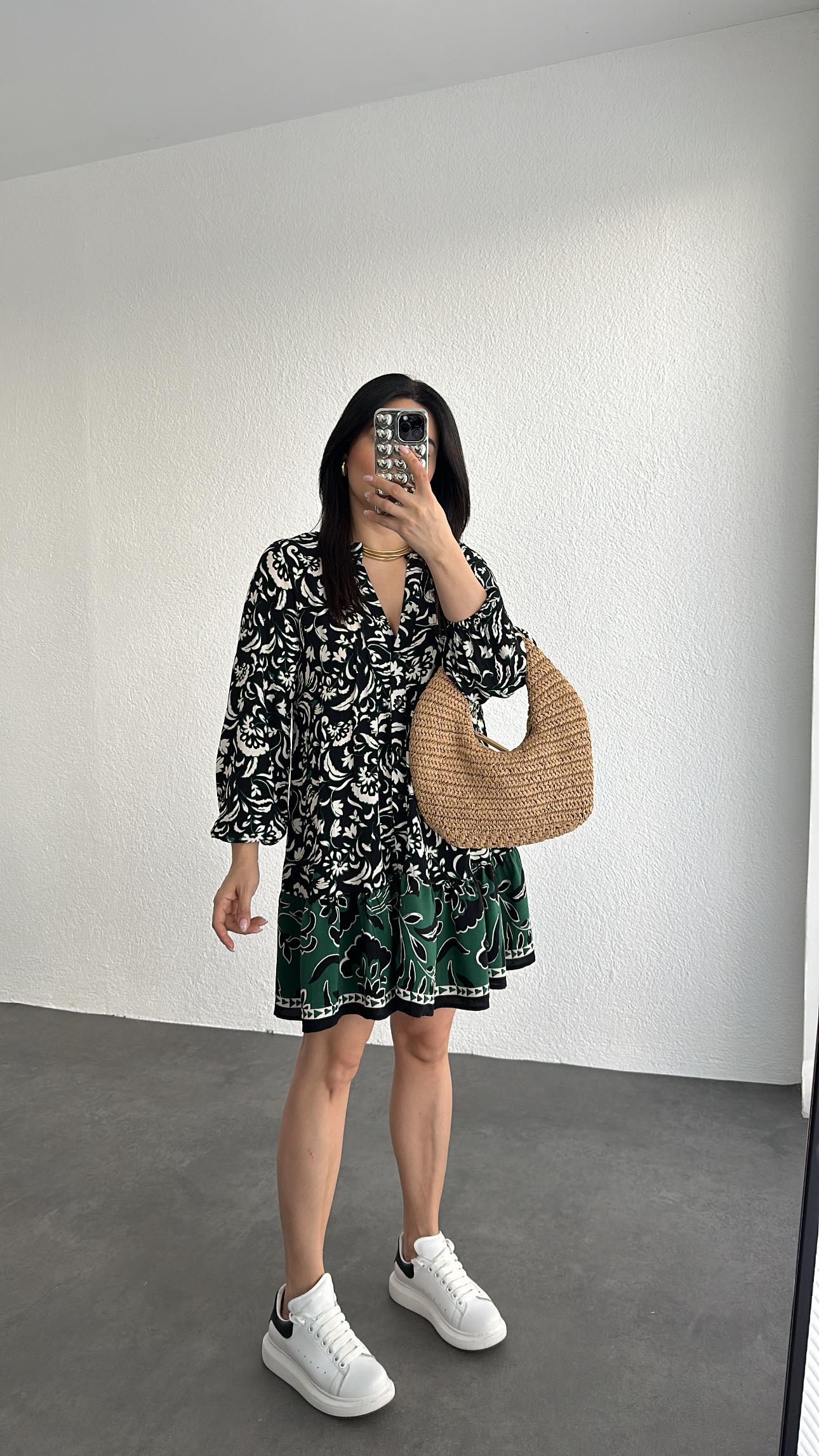 Önden Düğmeli Şal Desen Elbise