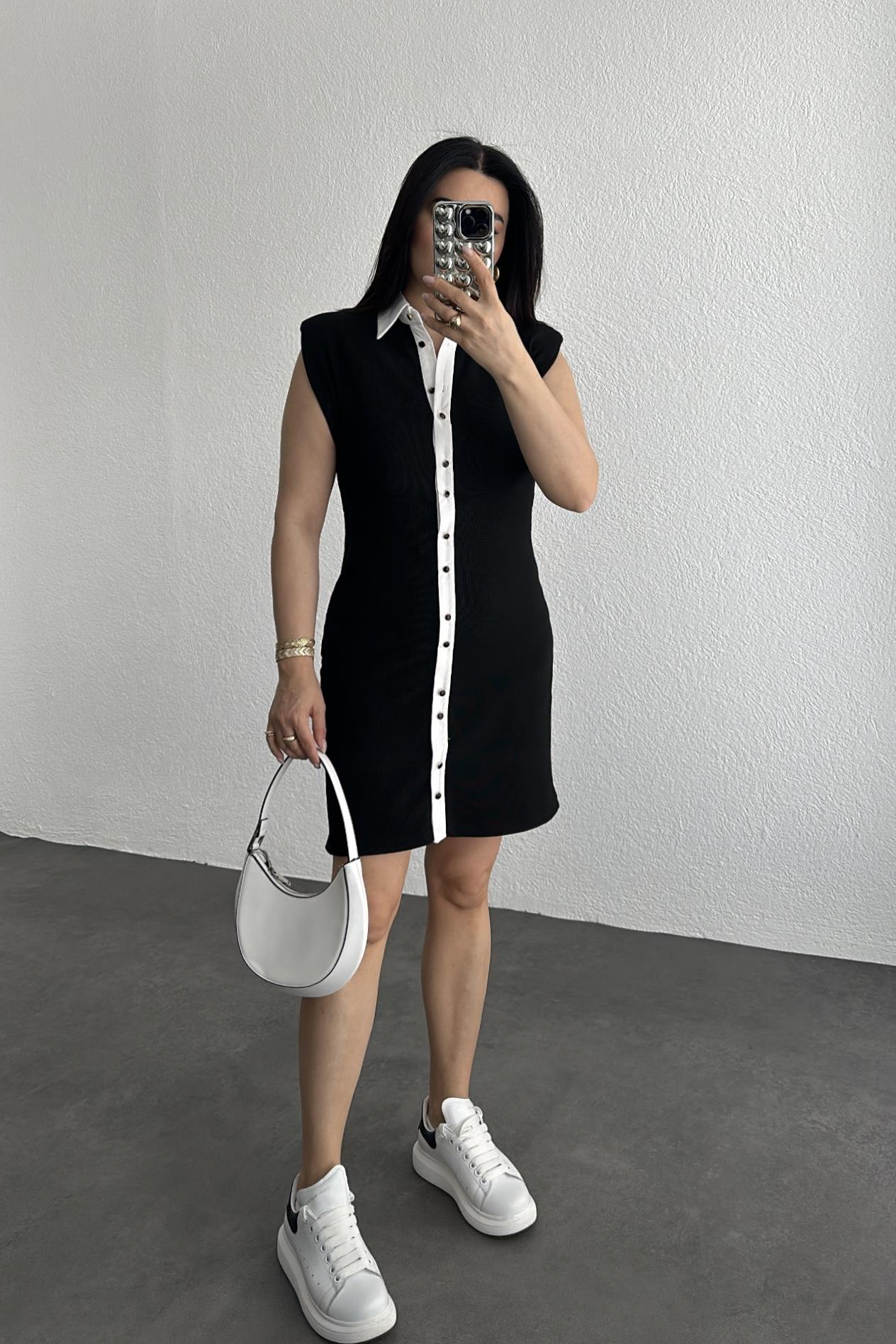 Önden Düğmeli Vatkalı Likralı Kumaş Elbise