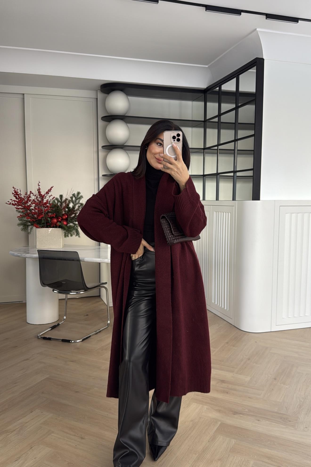 ÖNÜ AÇIK ŞAL YAKA HIRKA BORDO