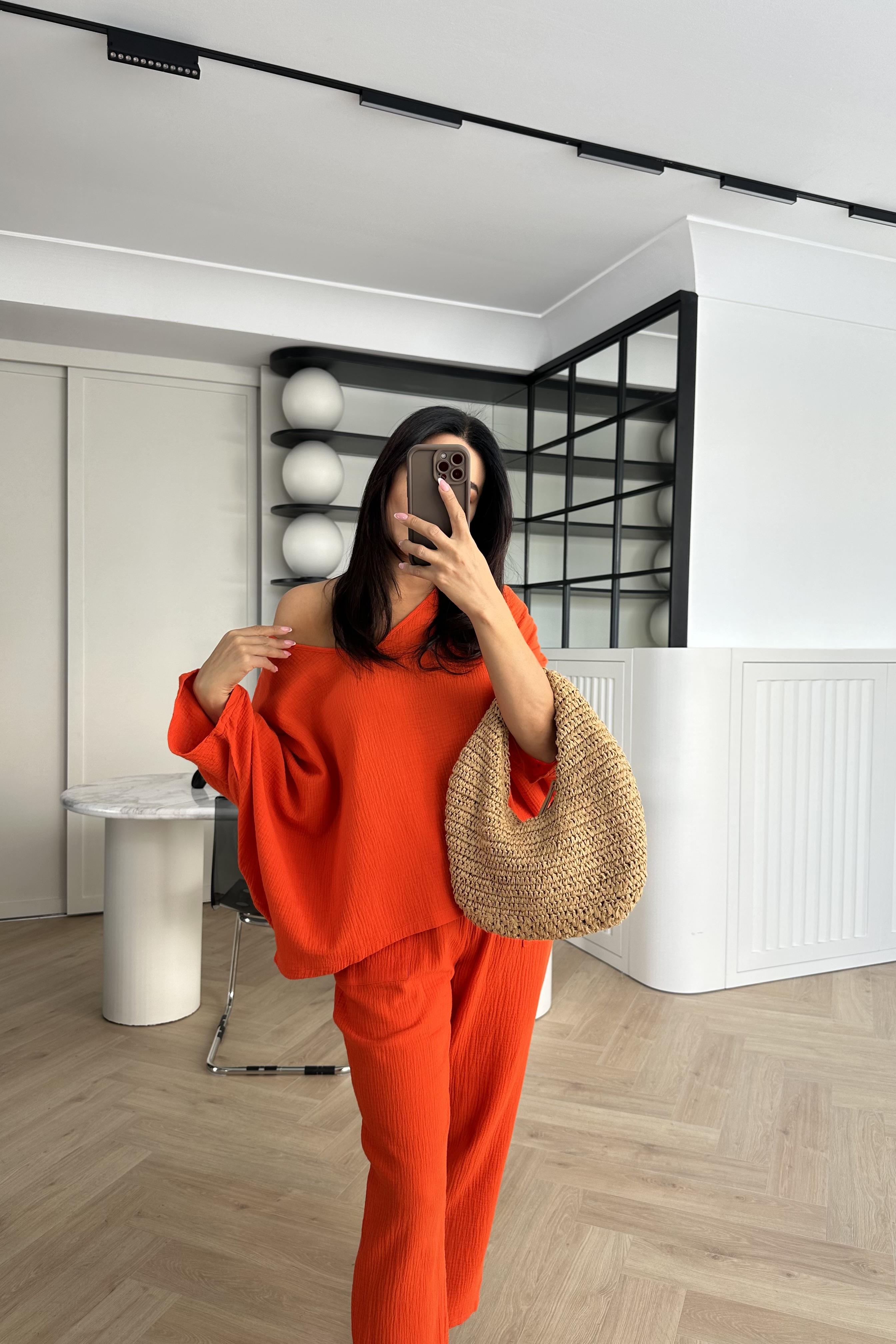 Oranj Düşük Omuz Müslin Kumaş Rahat Takım