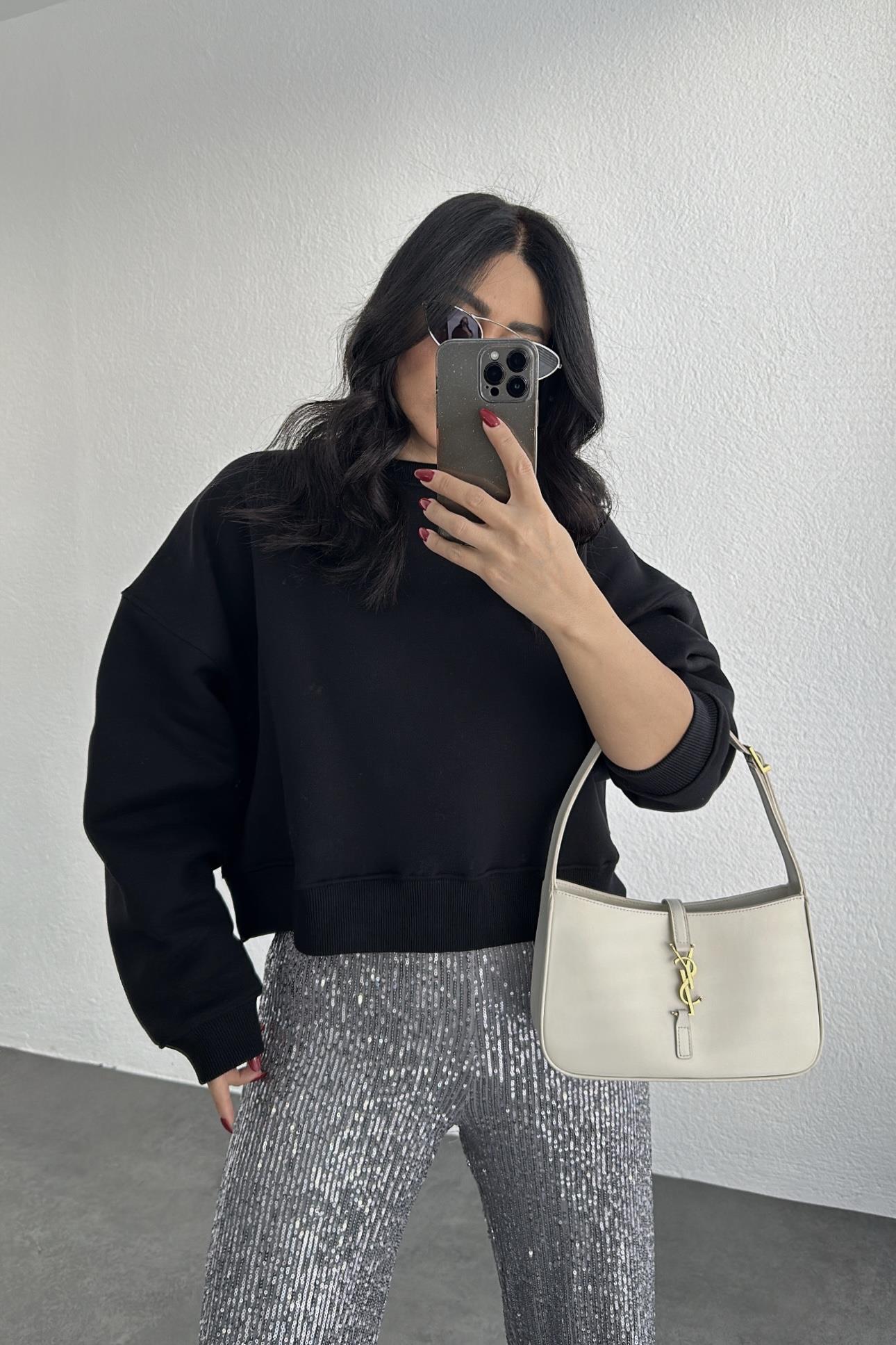 Orijinal Marka Etiketli Şardonlu Sweatshırt Siyah