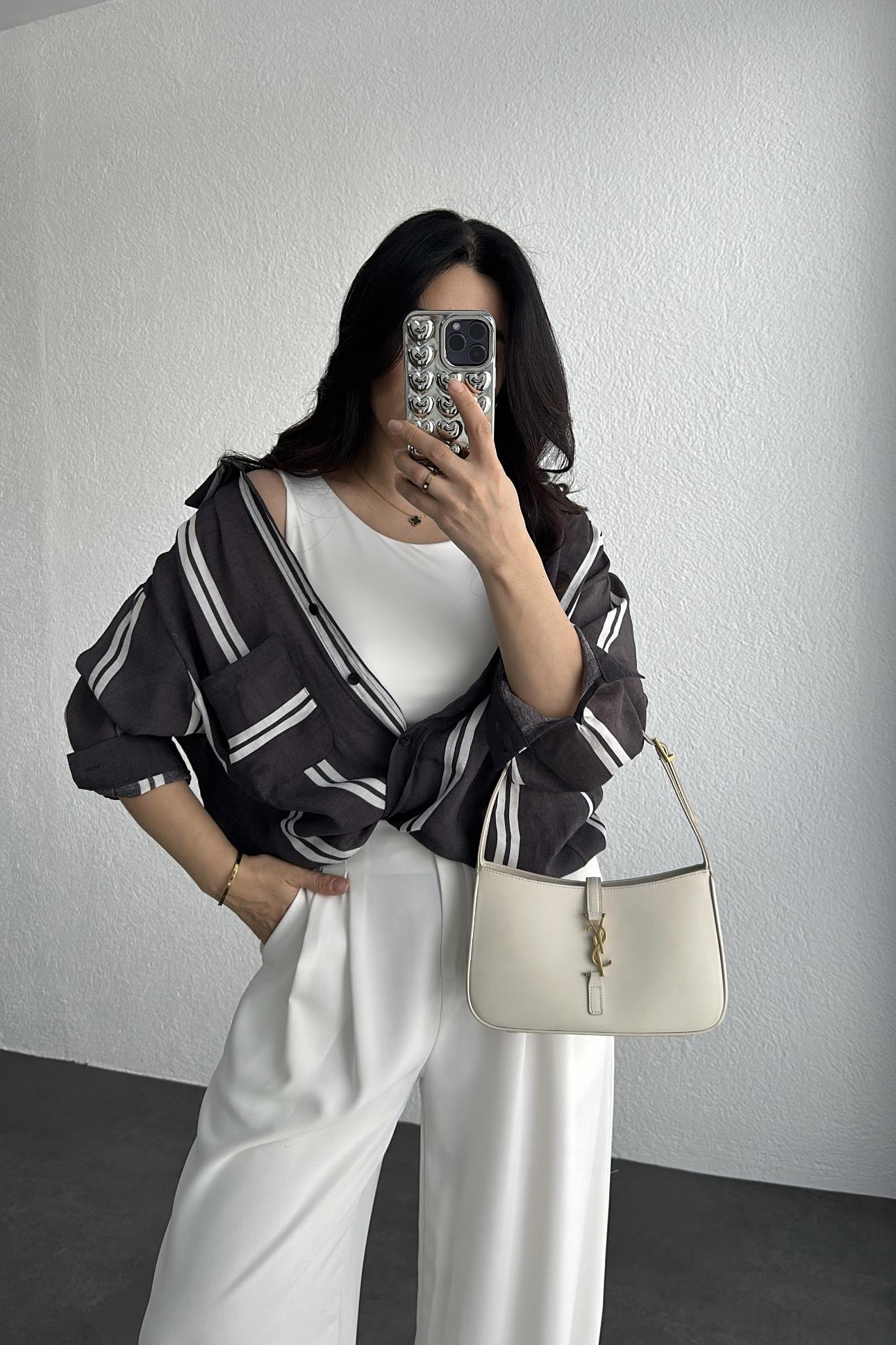 Oversize Antrasit Çizgili Düğmeli Gömlek