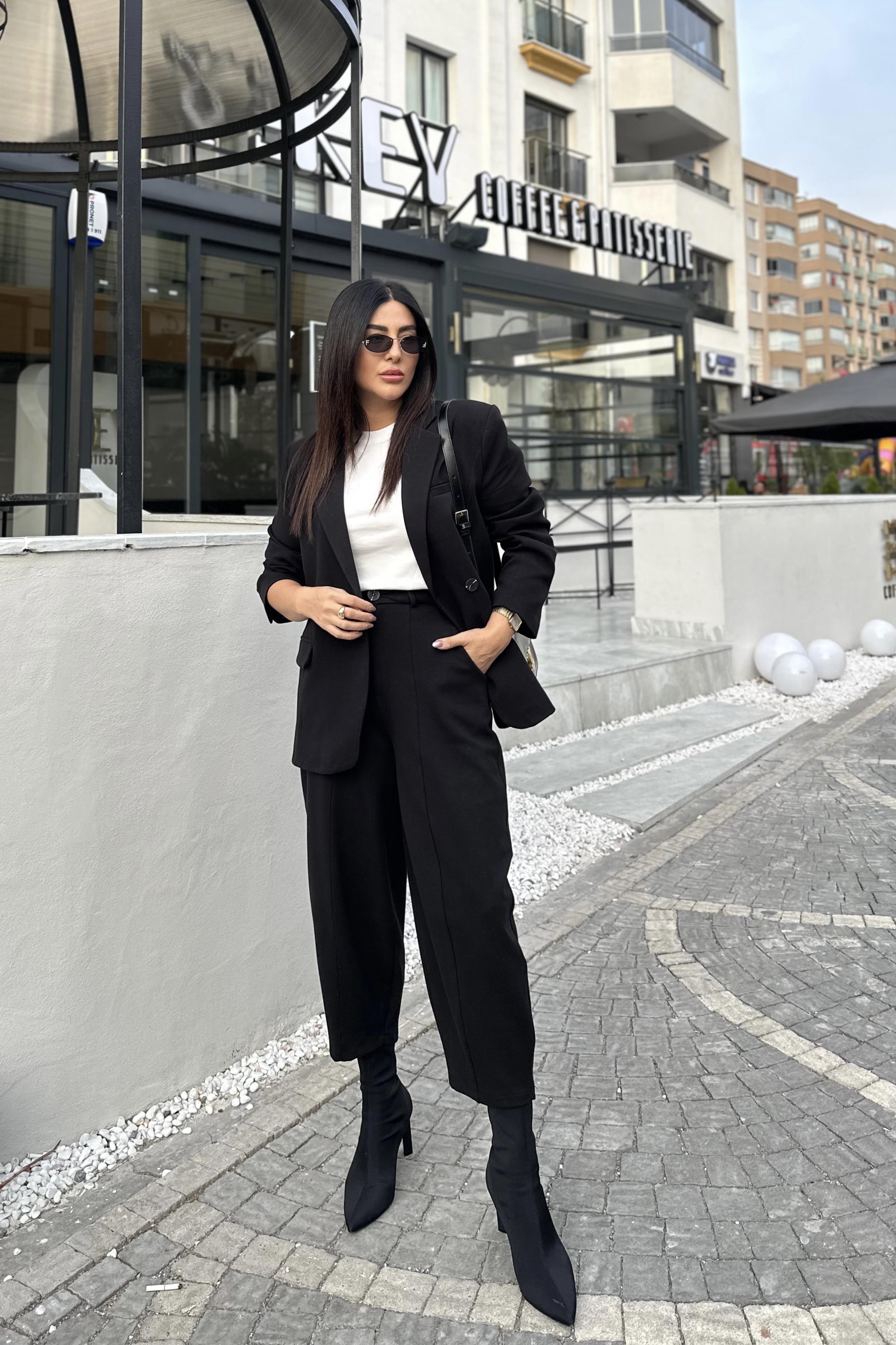 Oysh Kumaş Şalvar Kesim Pantolon Ceket Takım Siyah