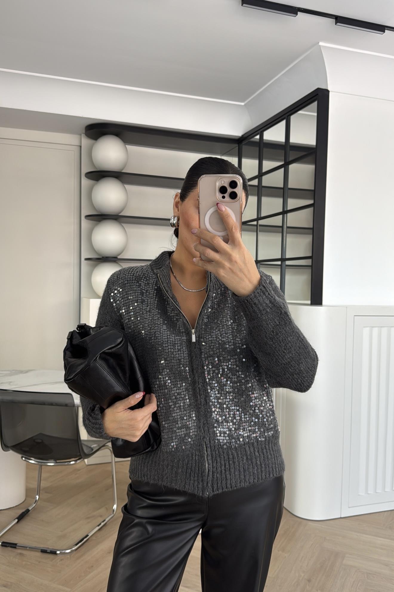 PAYETLİ FERMUARLI HIRKA GRİ