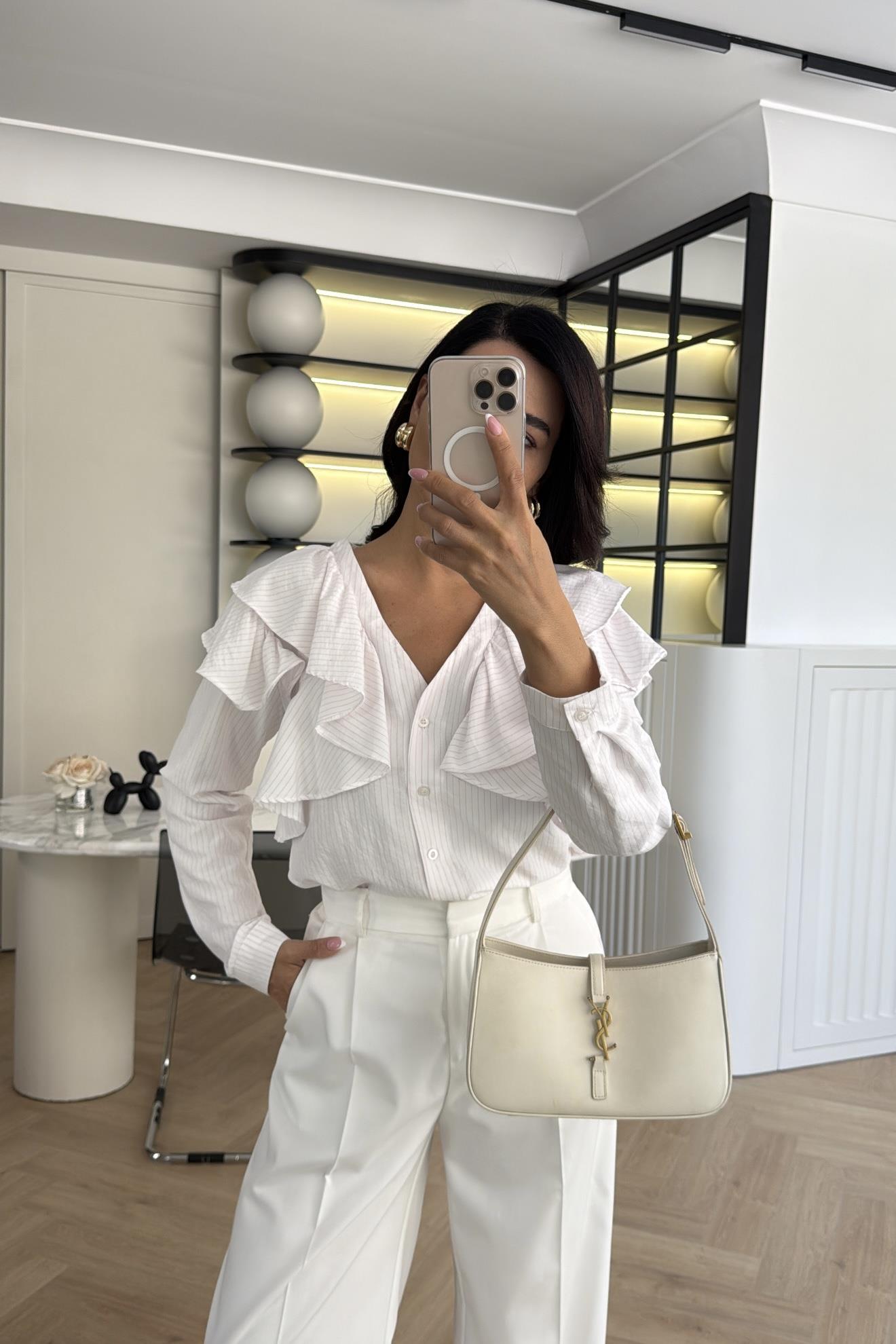 Pembe Çizgili Fırfırlı Tasarım Gömlek