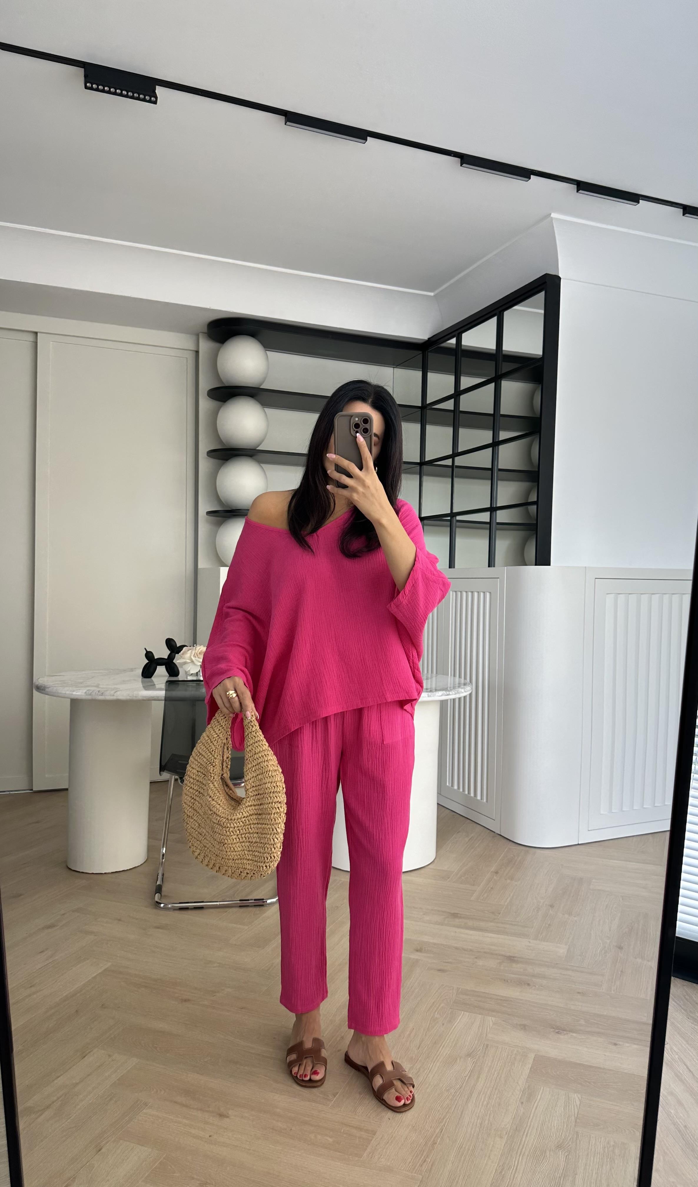 Pembe Düşük Omuz Müslin Kumaş Rahat Takım