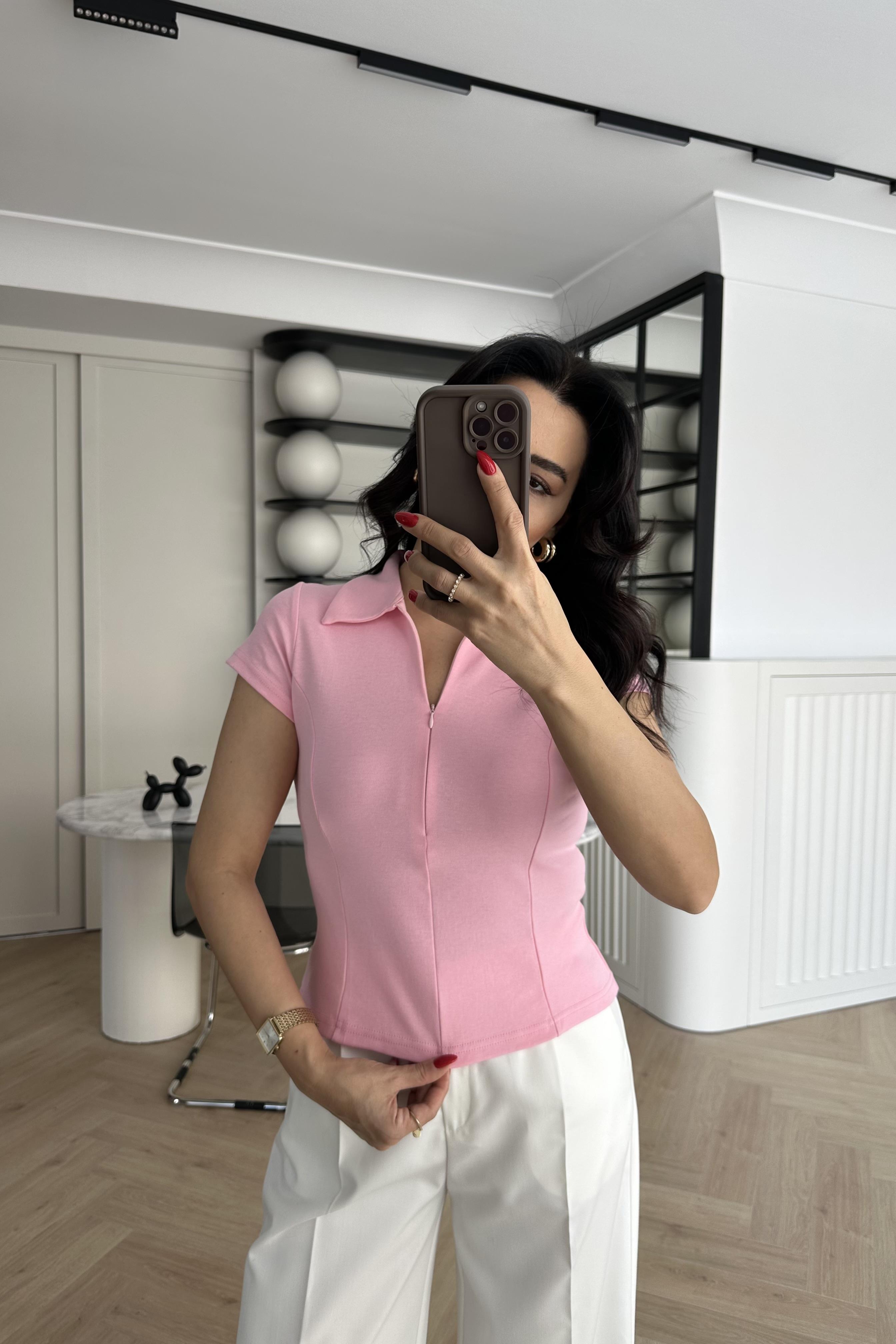 Pembe Fermuarlı Polo Yaka Tişört 