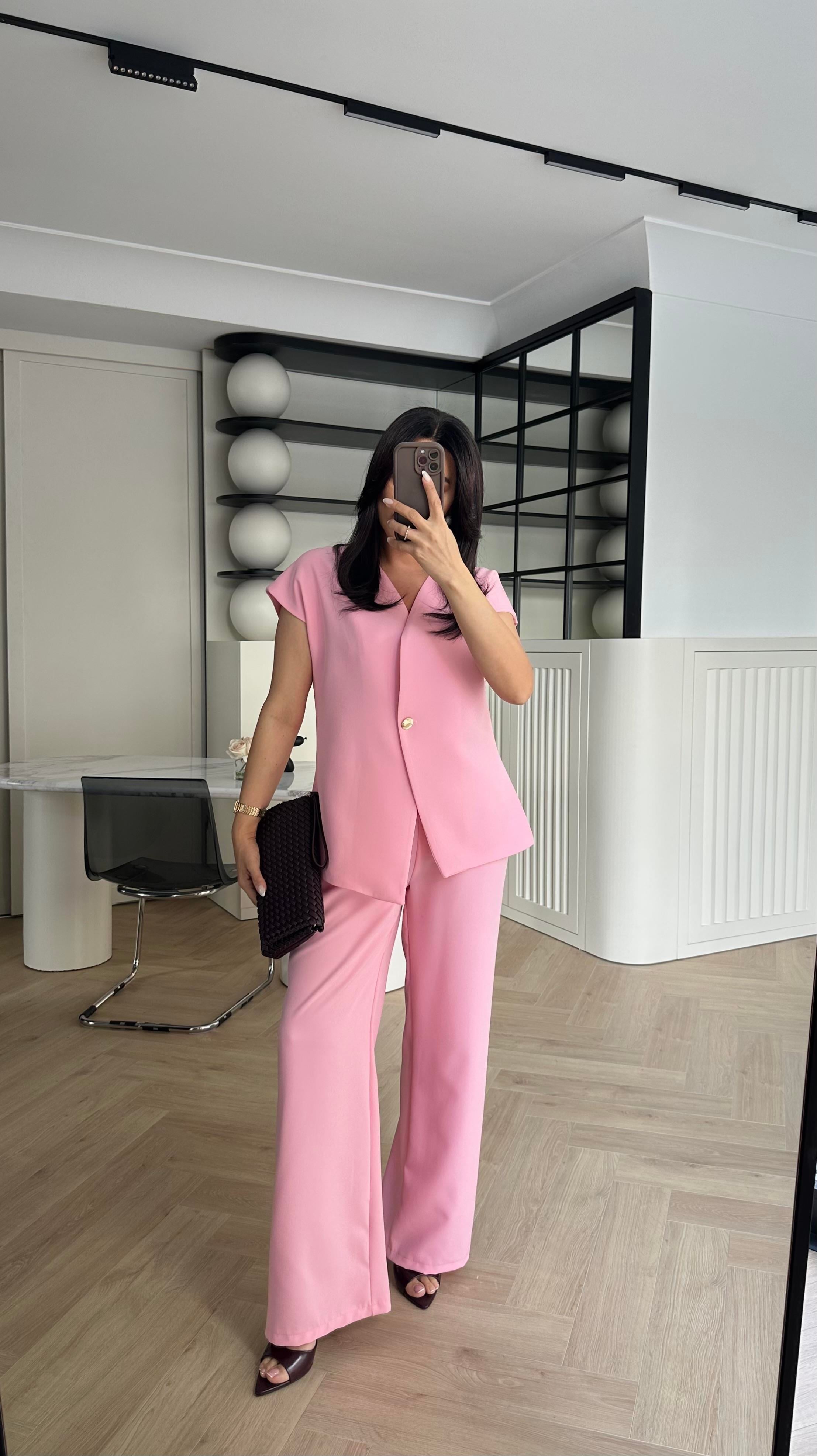 Pembe Gold Düğmeli Yelek Pantolon Takım