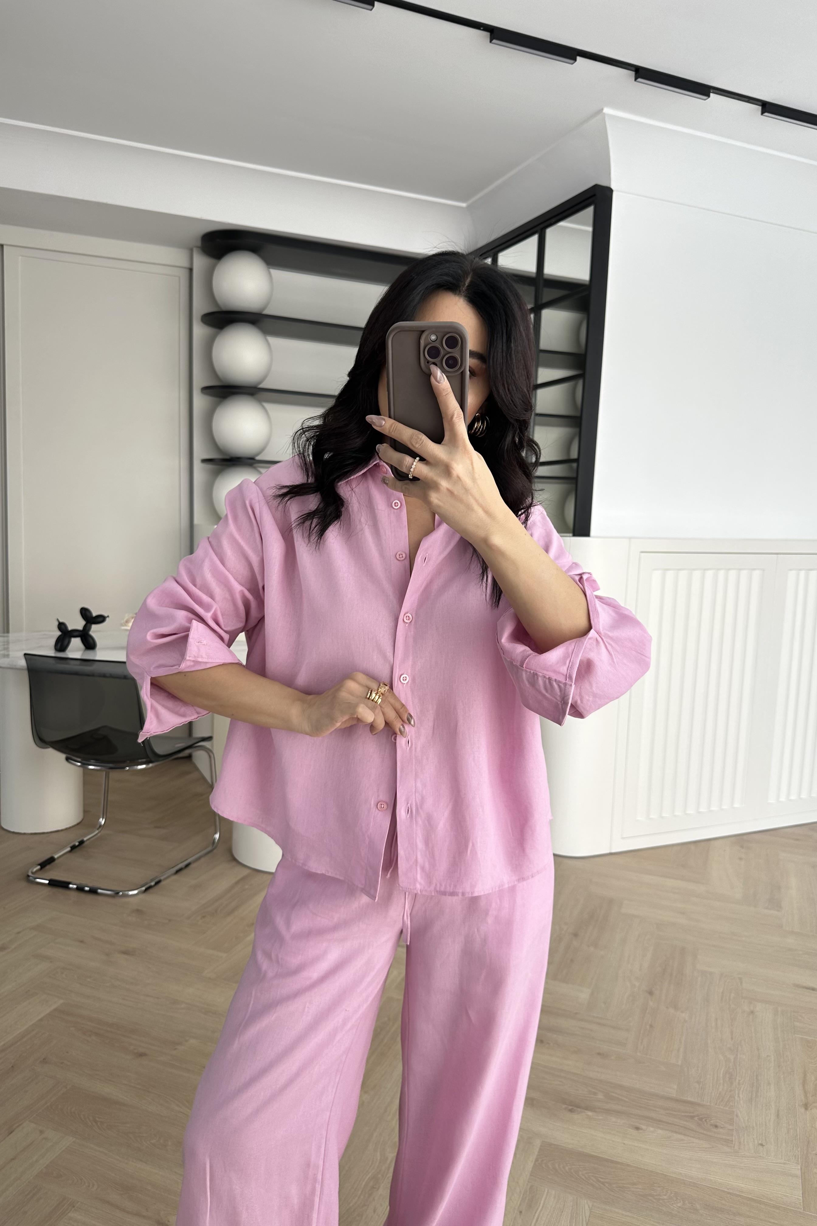 Pembe Massi Etiketli Ham Keten Takım