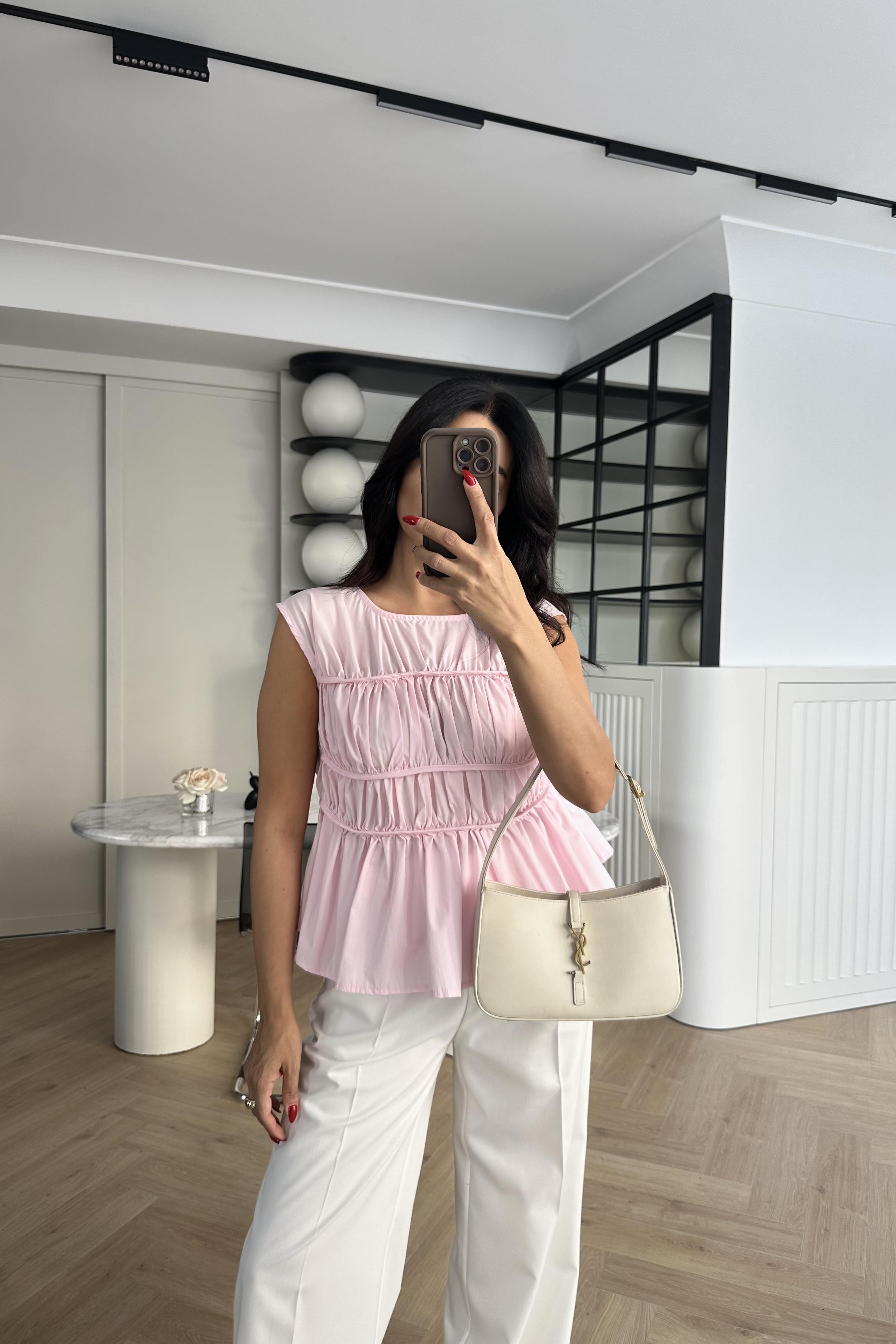 Pembe Poplin Kumaş Büzgülü Bluz