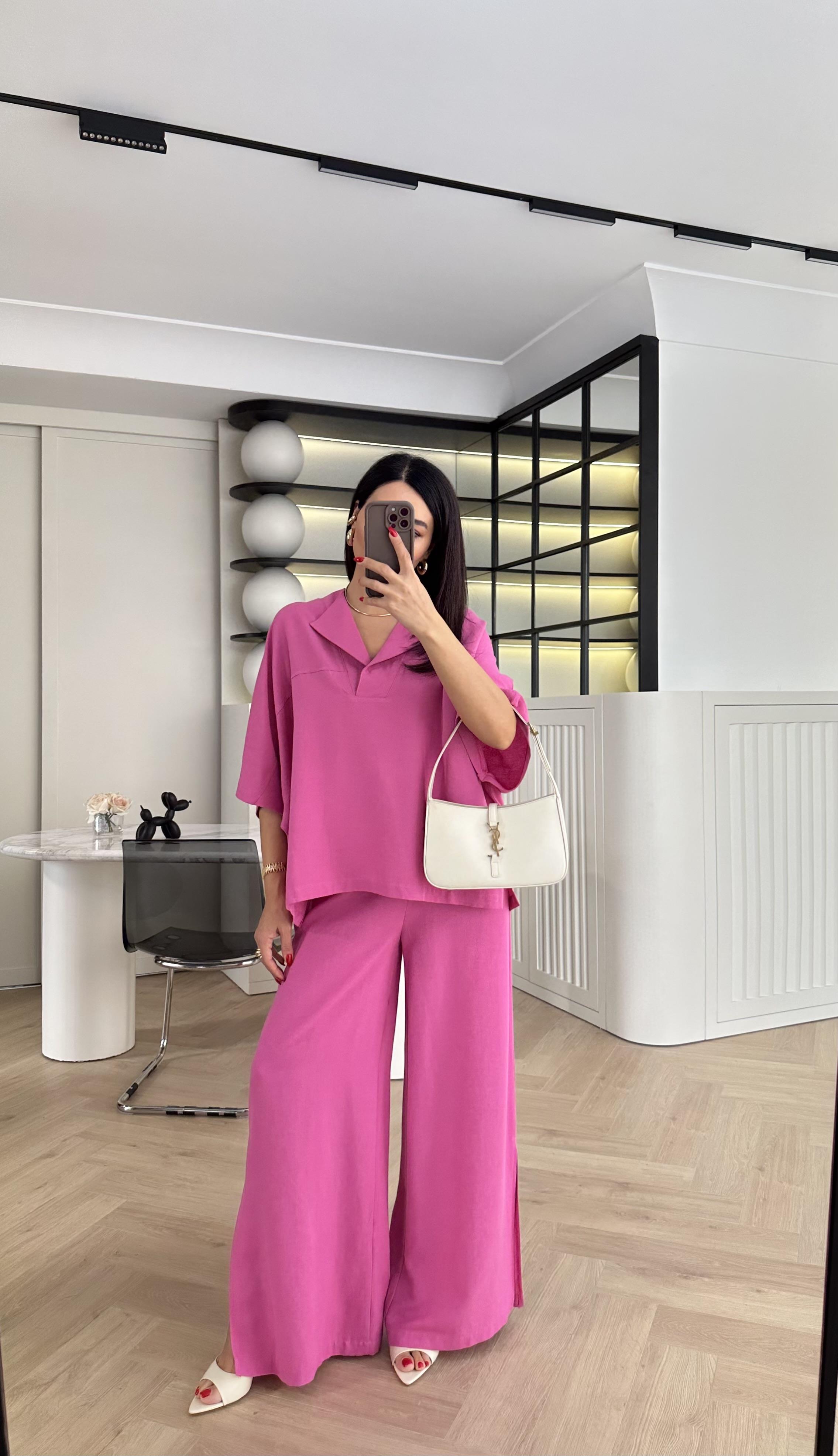 Pembe Rahat Kalıp Keten Elbise