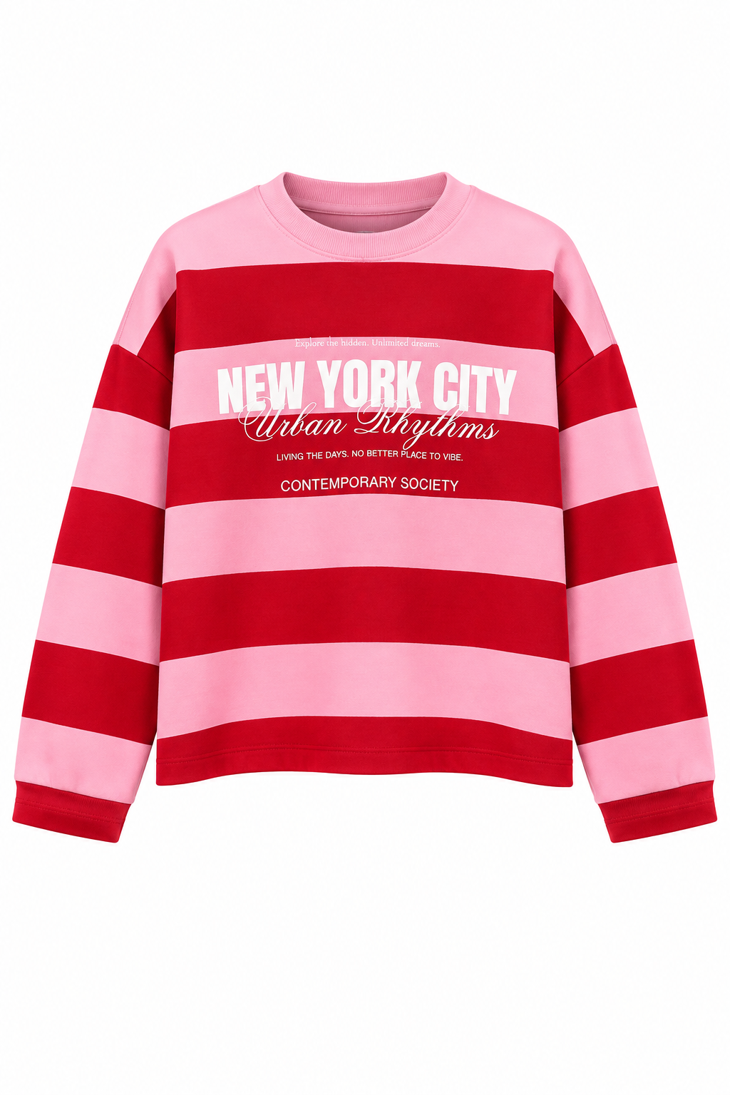 Premium Seri Baskılı Çizgili Sweatshirt Pembe