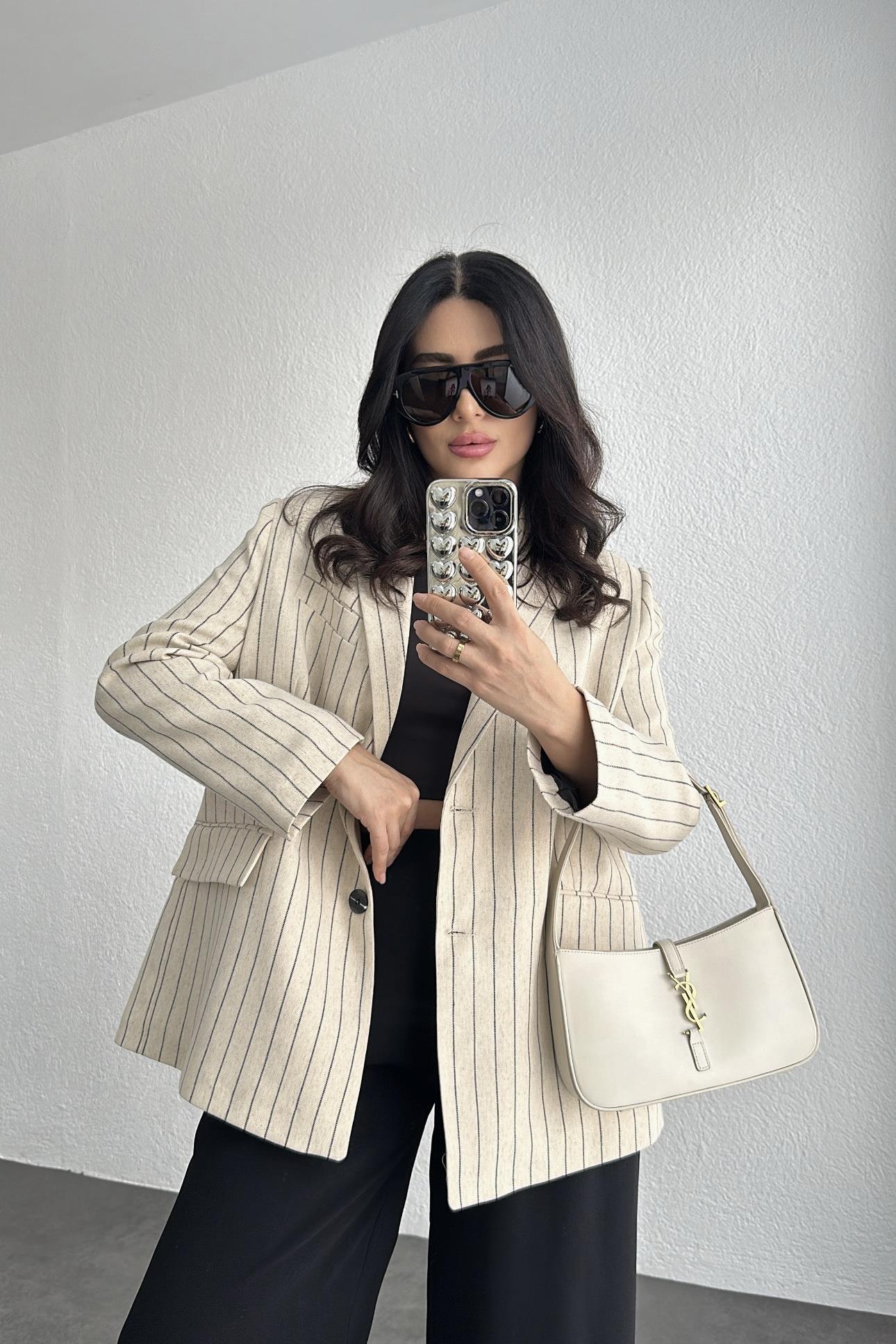 Premium Siyah Çizgili Astarlı Oversize Keten Blazer Ceket