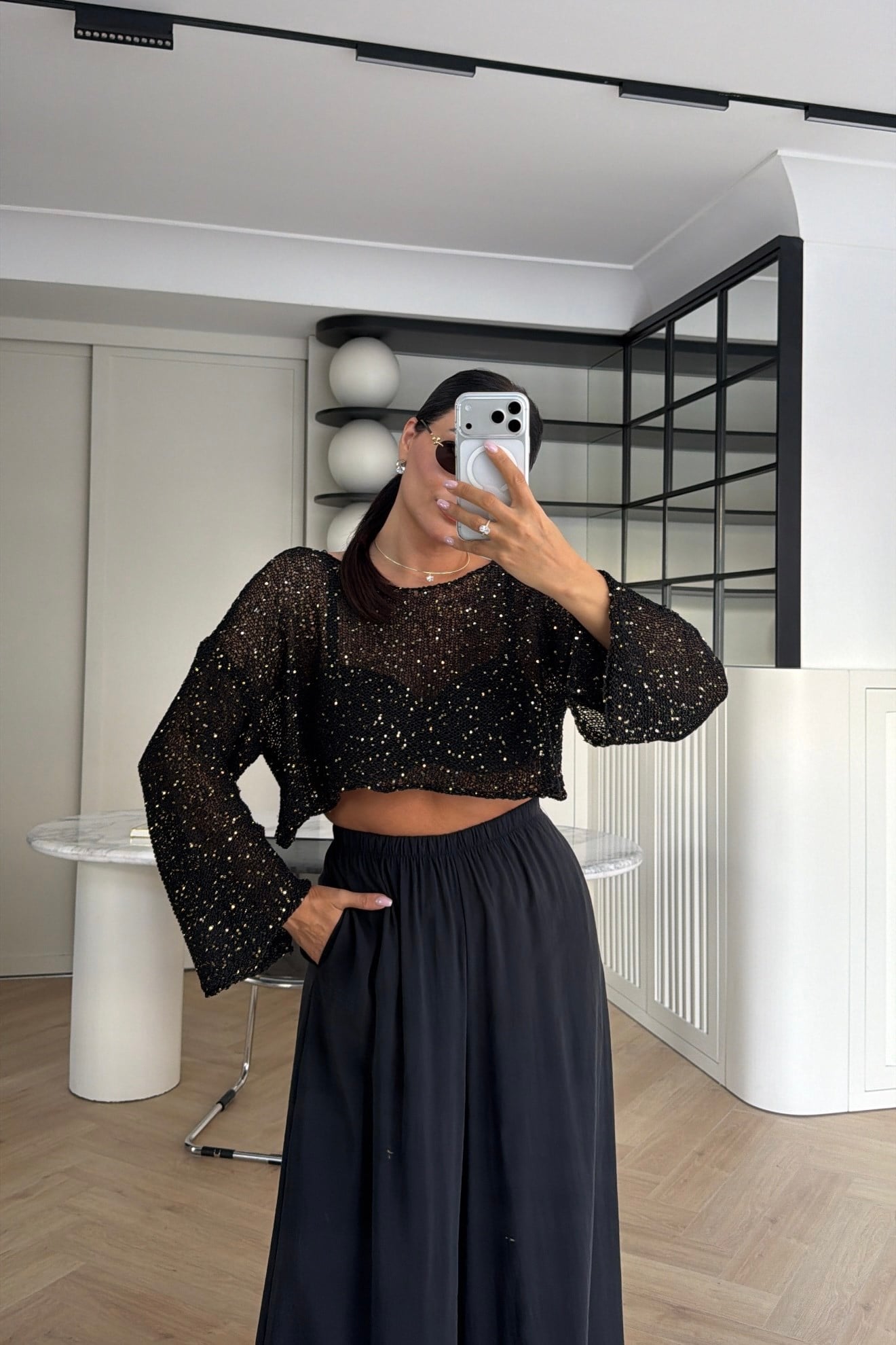 PULLU CROP MERSERİZE TRİKO SİYAH