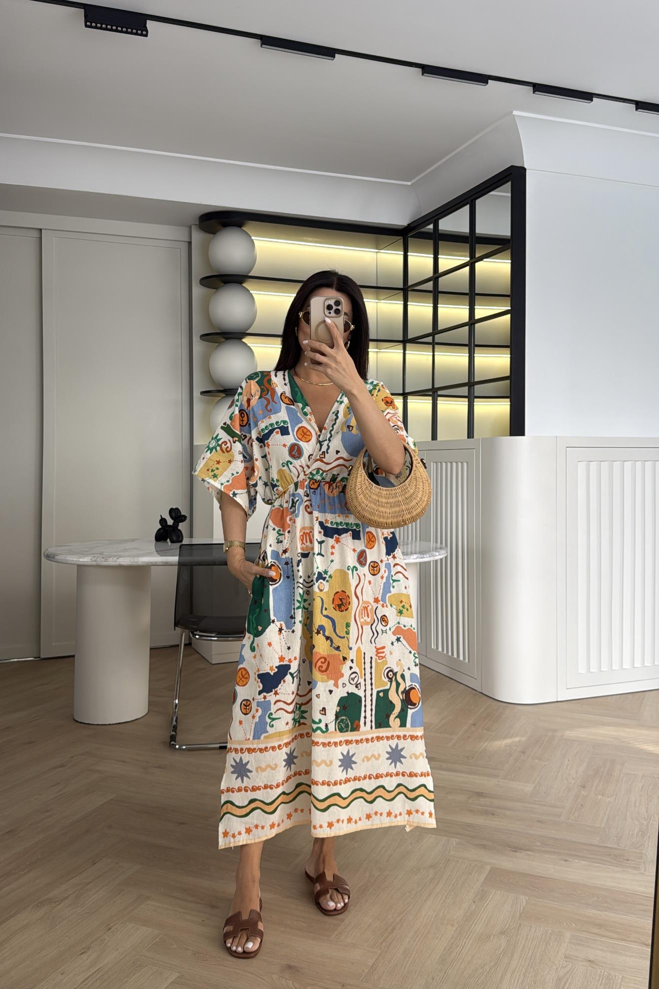 RENKLİ DESENLİ KETEN ELBİSE