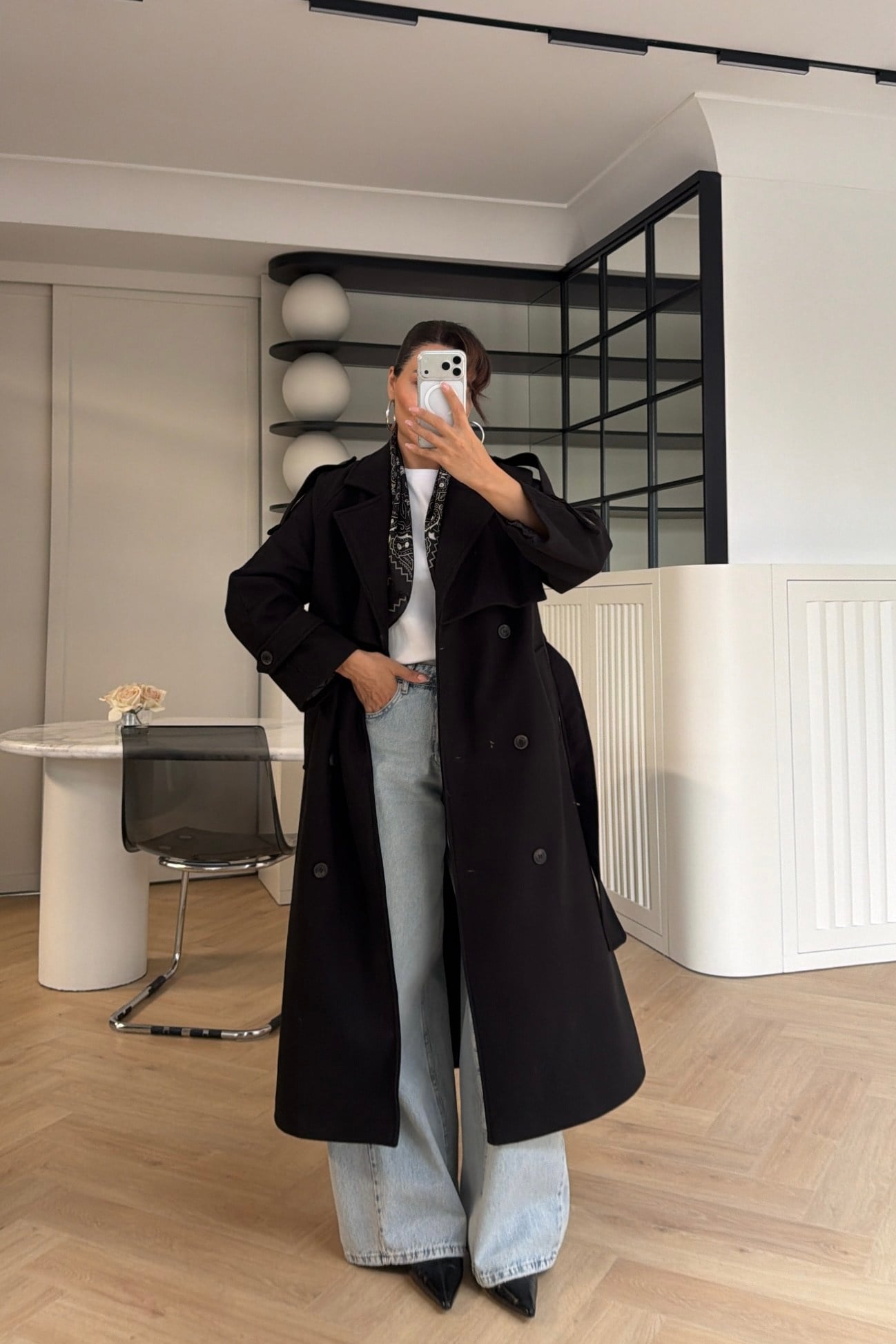 Rüzgarlıklı Oversize Kaşe Kaban Siyah 