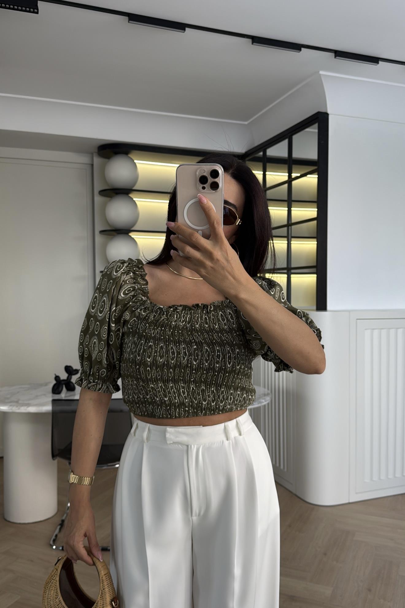 ŞAL DESEN LASTİKLİ KISA BLUZ HAKİ