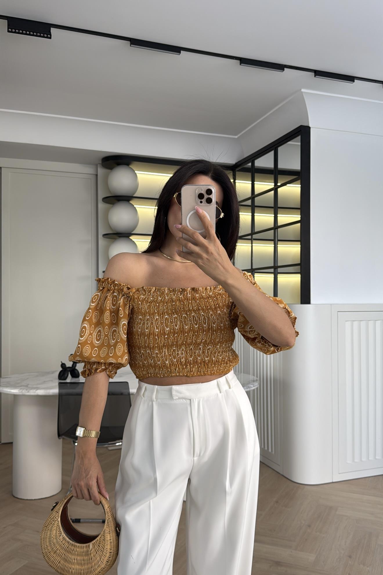 ŞAL DESEN LASTİKLİ KISA BLUZ HARDAL