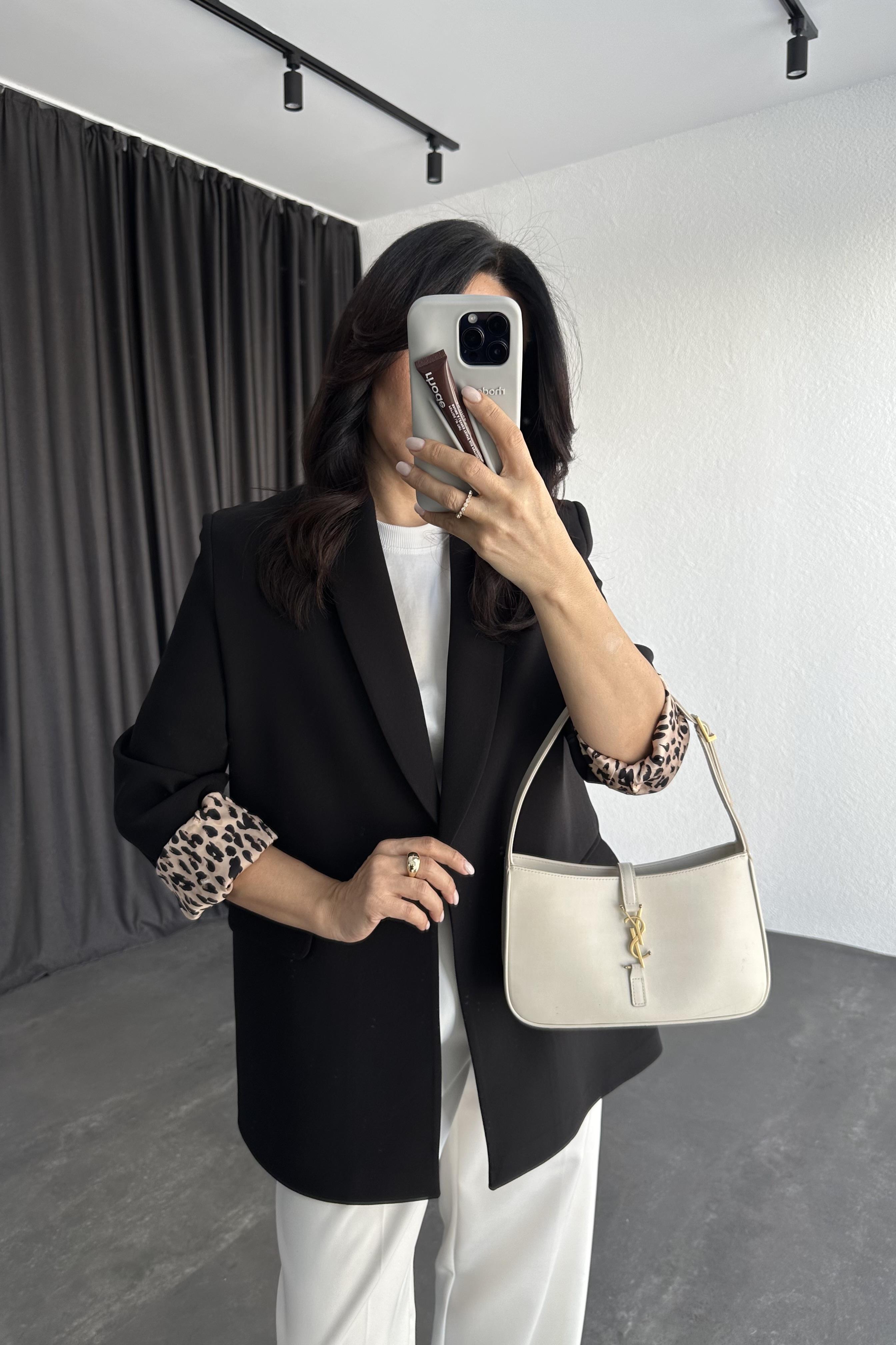 Şal Yaka Leopar Astarlı Ceket Siyah 