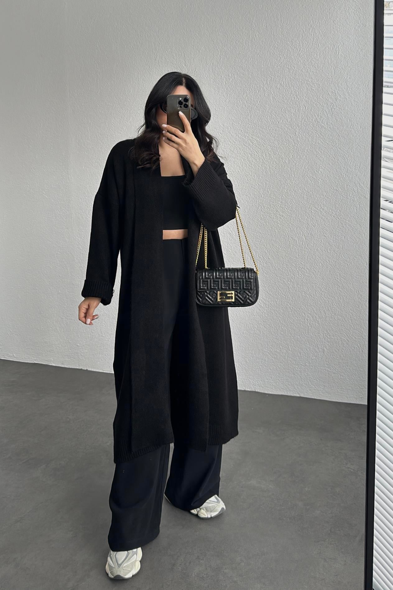 Şal Yaka Uzun Triko Hırka Siyah